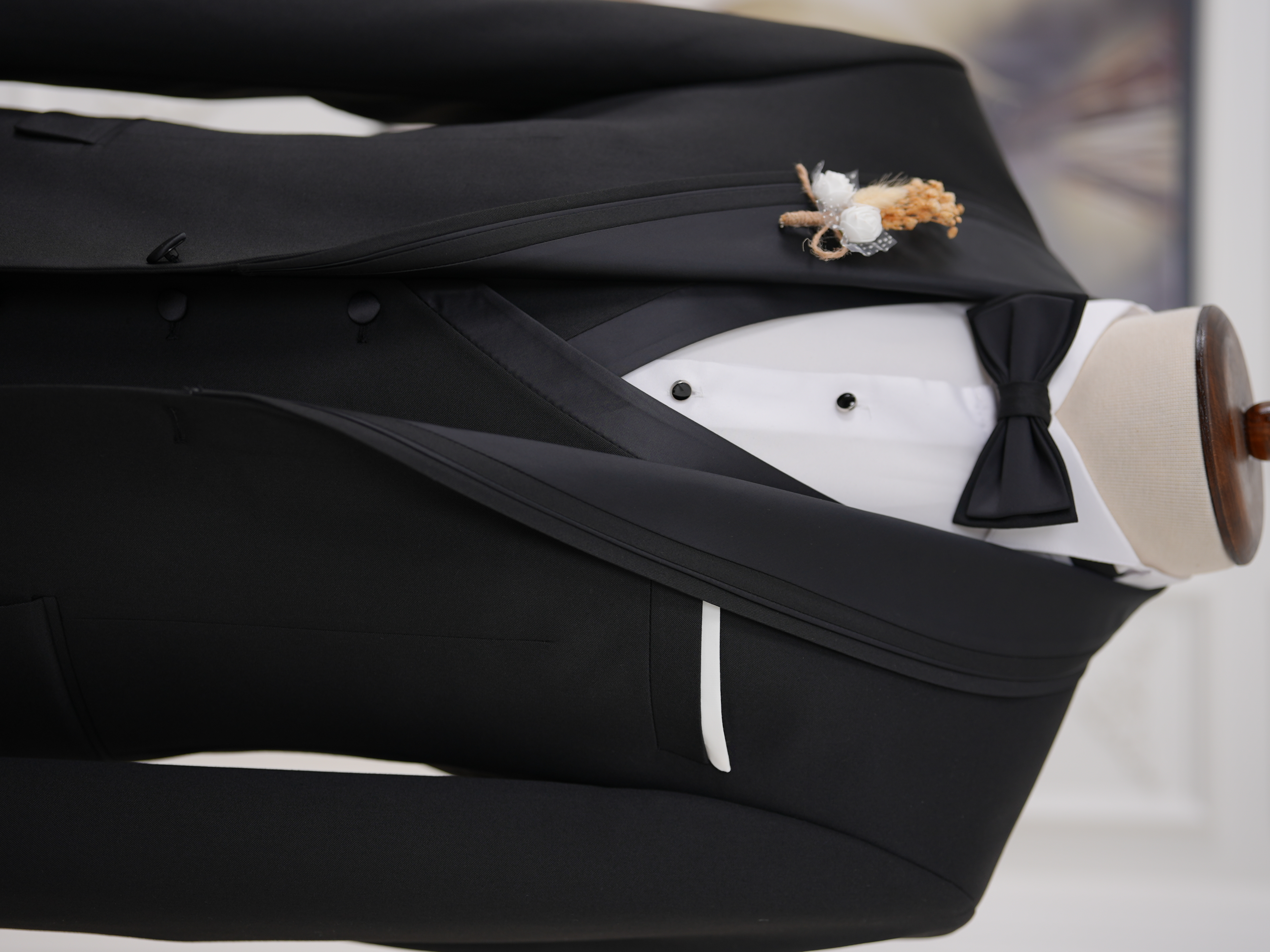 İtalyan Stil Slim Fit Şal Yaka Ceket Yelek Pantolon Papyon Damatlık Smokin - Siyah