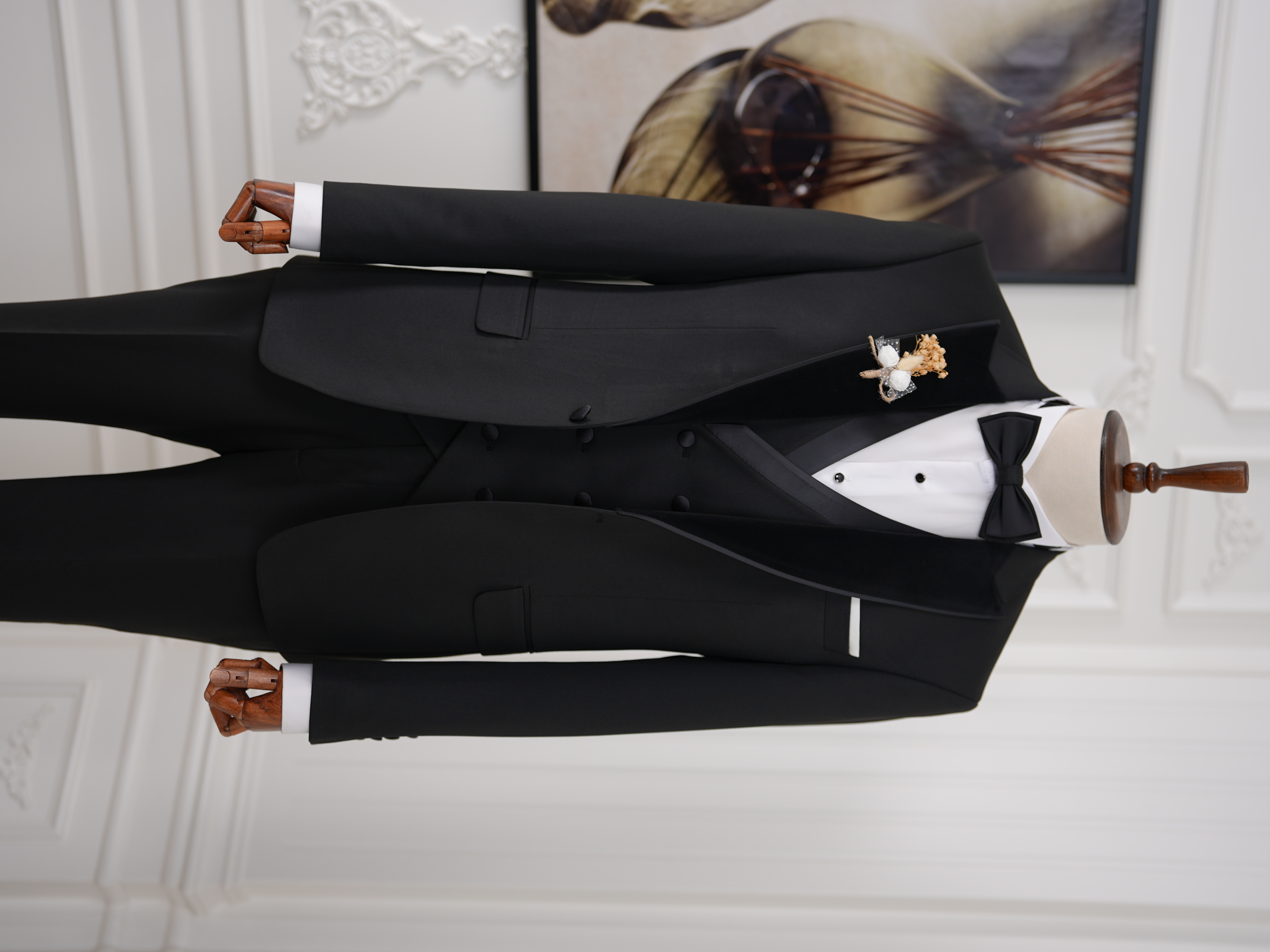 İtalyan Stil Slim Fit Sivri Yaka Ceket Yelek Pantolon Papyon Damatlık Smokin - Siyah