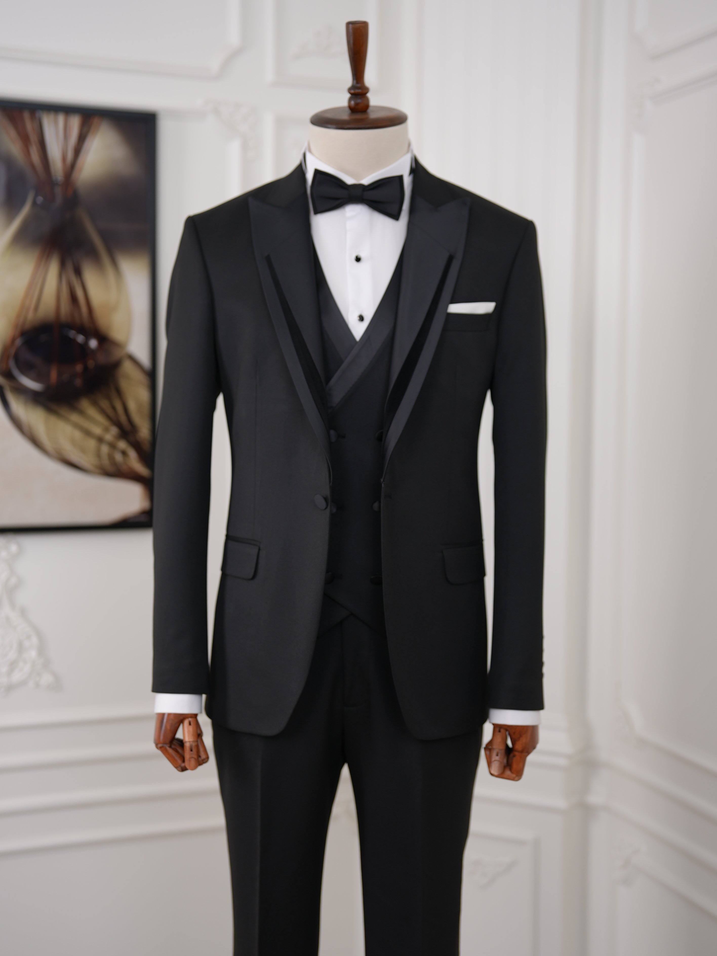 İtalyan Stil Slim Fit Sivri Yaka Ceket Yelek Pantolon Papyon Damatlık Smokin - Siyah