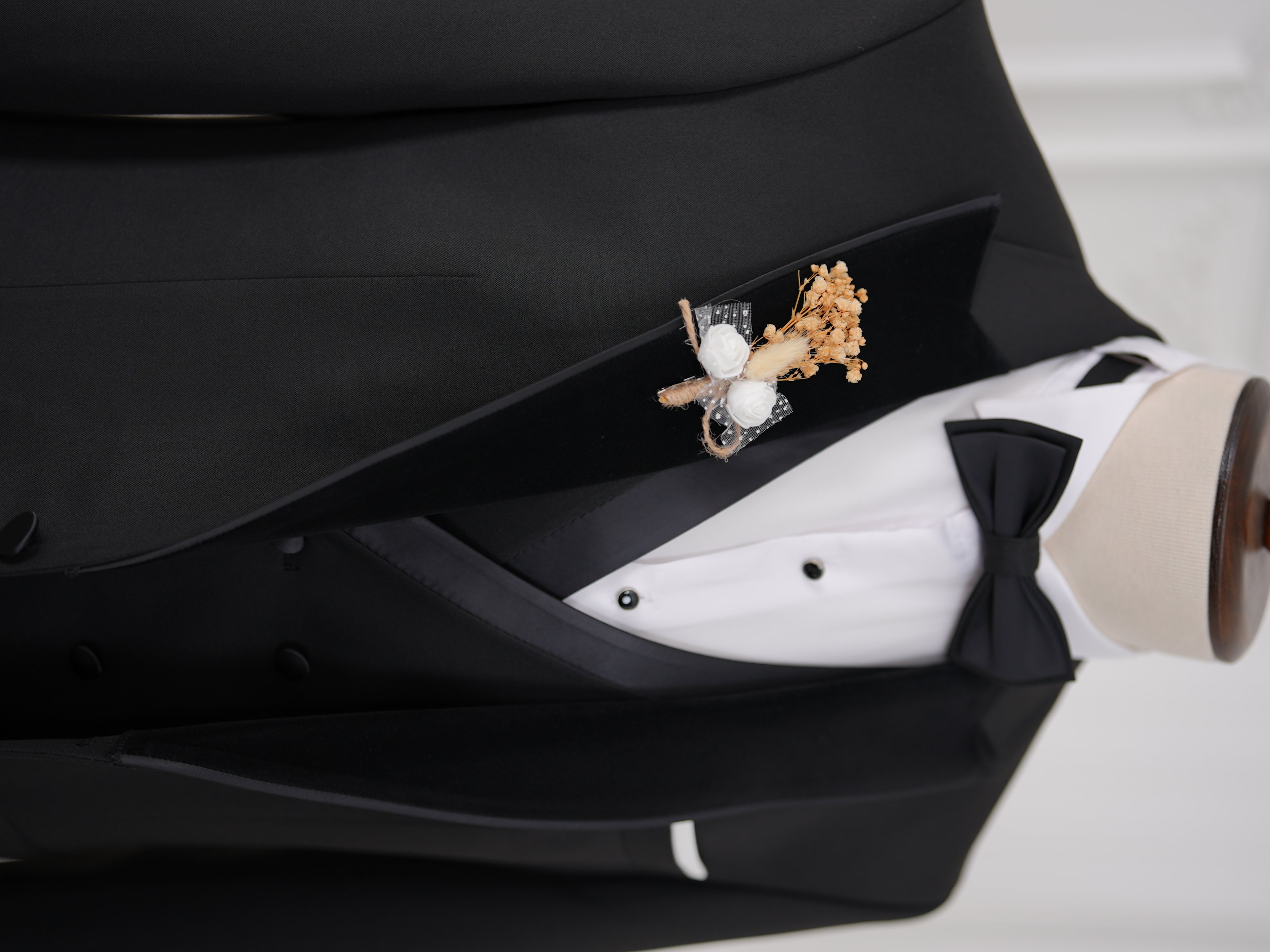 İtalyan Stil Slim Fit Sivri Yaka Ceket Yelek Pantolon Papyon Damatlık Smokin - Siyah