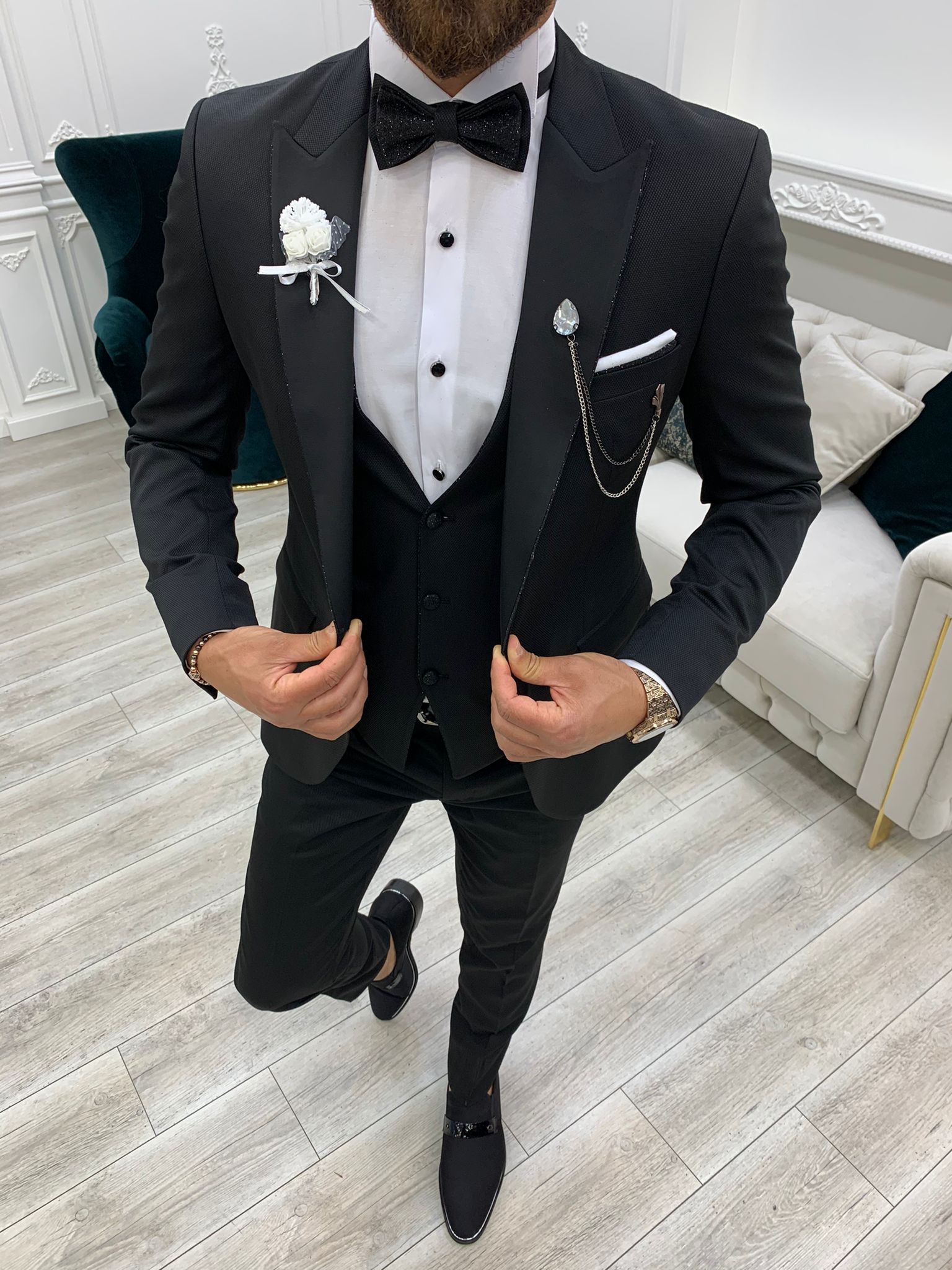 İtalyan Stil Smokin Ceket Yelek Pantolon Papyon - Siyah