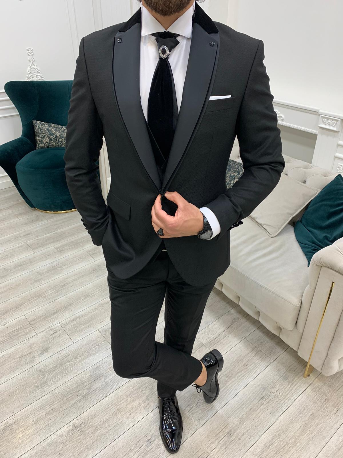 İtalyan Stil Smokin Ceket Yelek Pantolon Kravat - Siyah