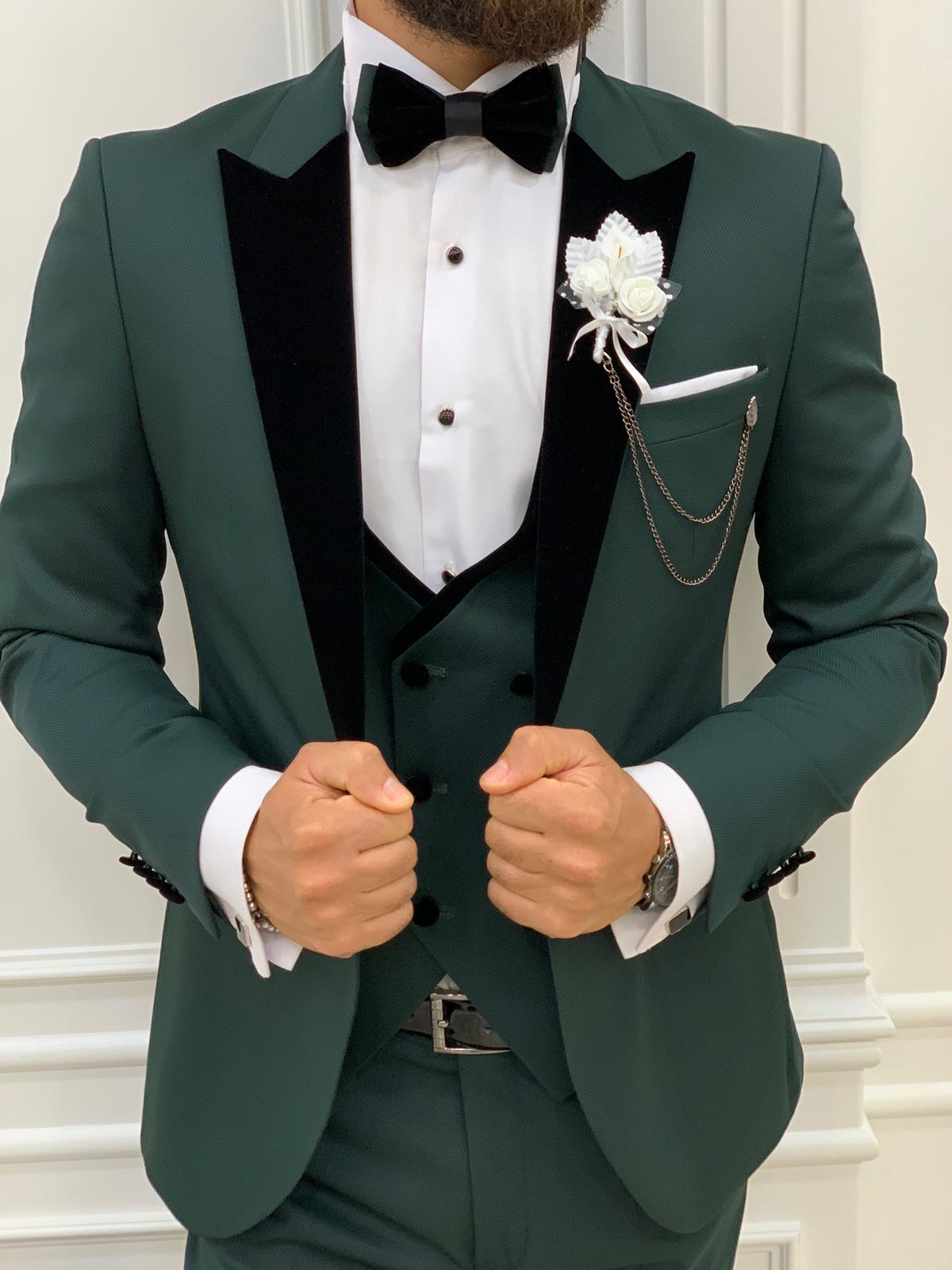 Italienischer Smoking-Bräutigam-Anzug, Jacke, Weste, Hose, Fliege – Grün