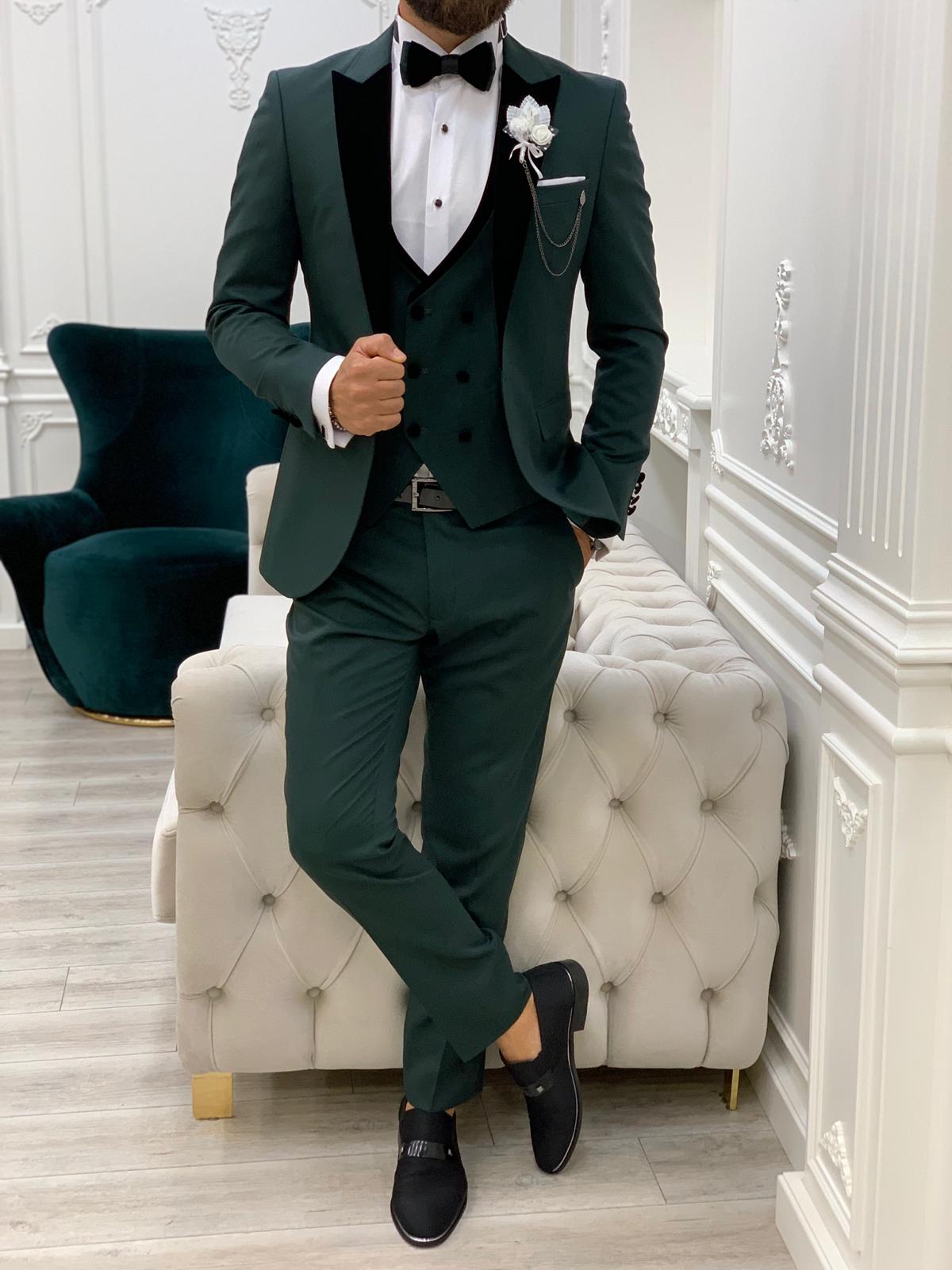 Italienischer Smoking-Bräutigam-Anzug, Jacke, Weste, Hose, Fliege – Grün