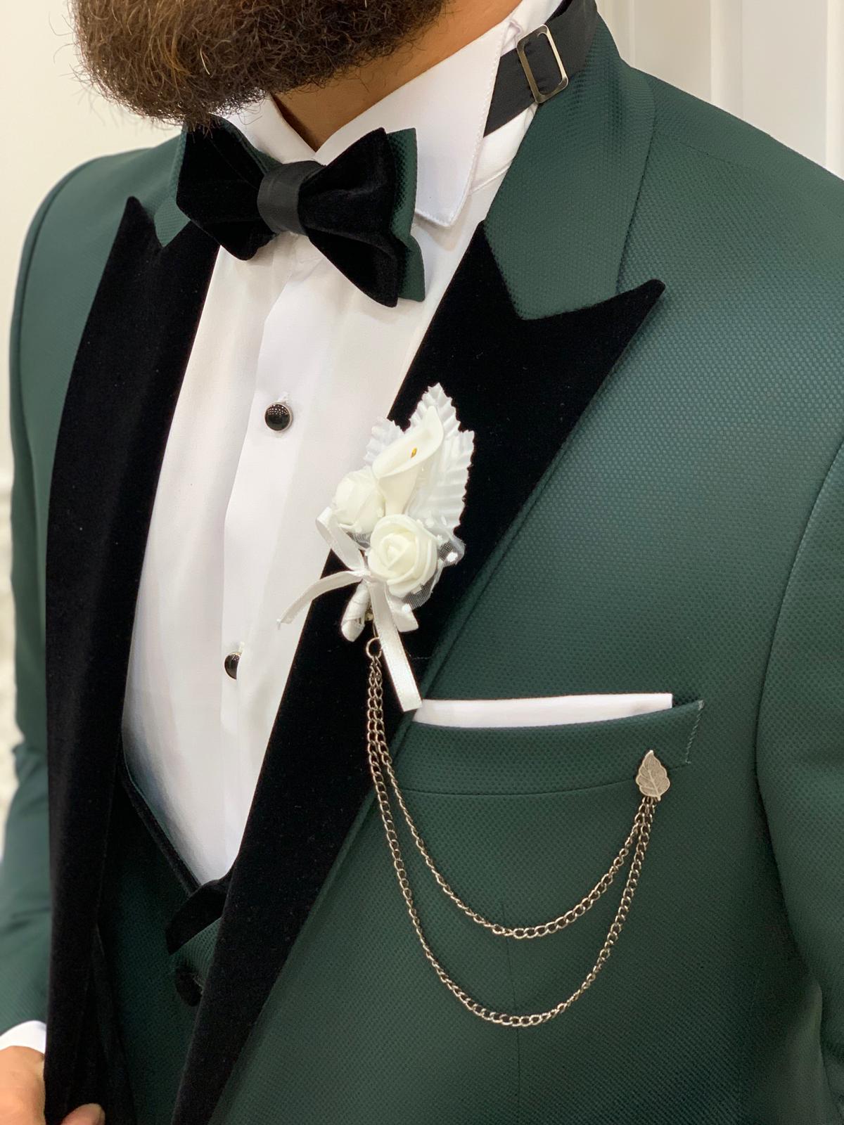 Italienischer Smoking-Bräutigam-Anzug, Jacke, Weste, Hose, Fliege – Grün