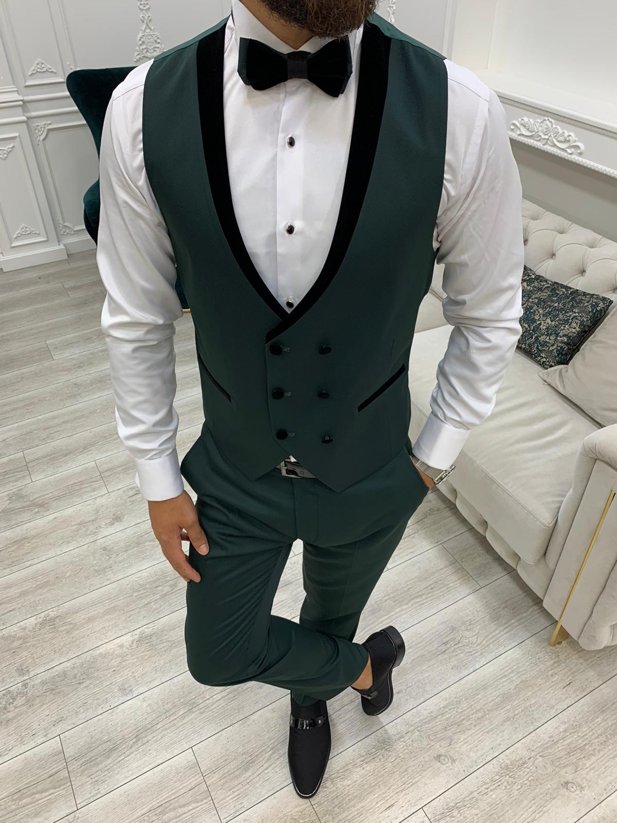 Italienischer Smoking-Bräutigam-Anzug, Jacke, Weste, Hose, Fliege – Grün