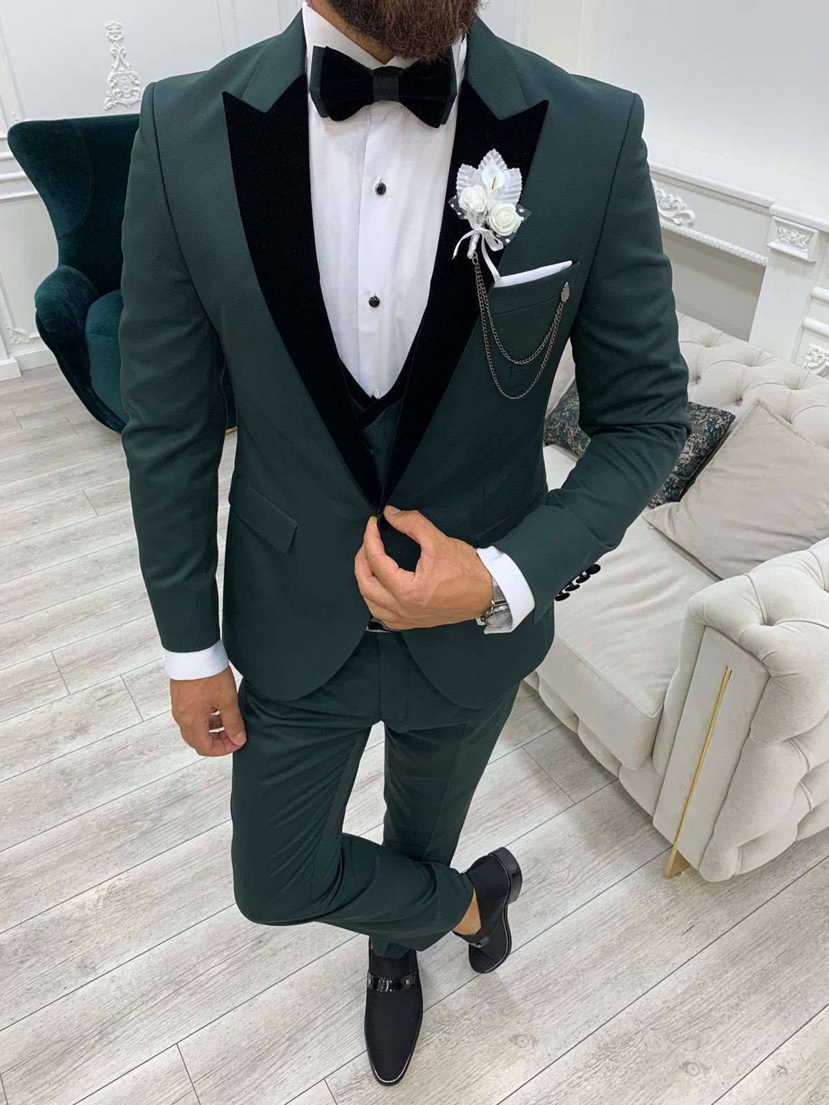 Italienischer Smoking-Bräutigam-Anzug, Jacke, Weste, Hose, Fliege – Grün