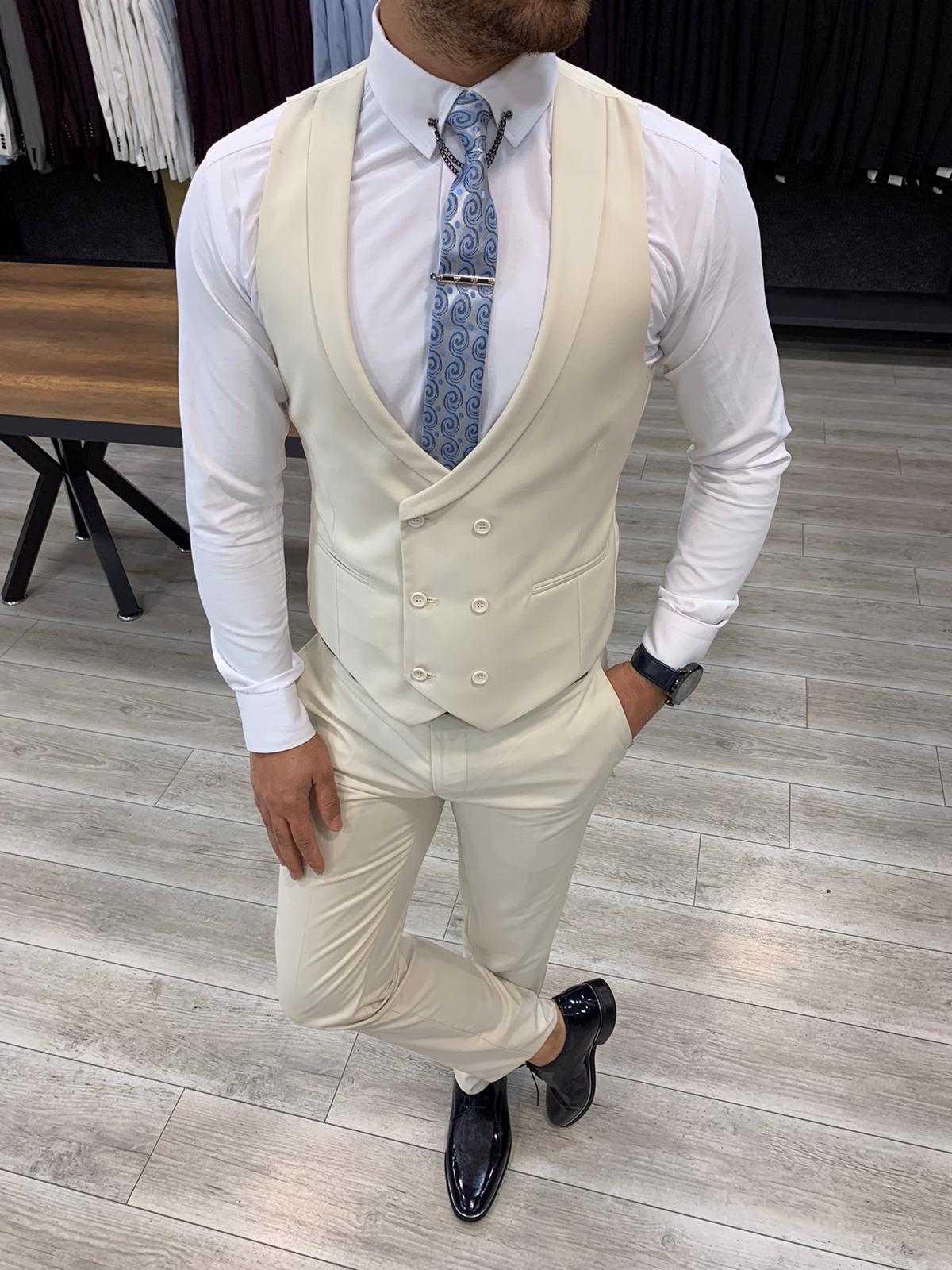 İtalyan Stil Takım Elbise Ceket Yelek Pantolon - Krem