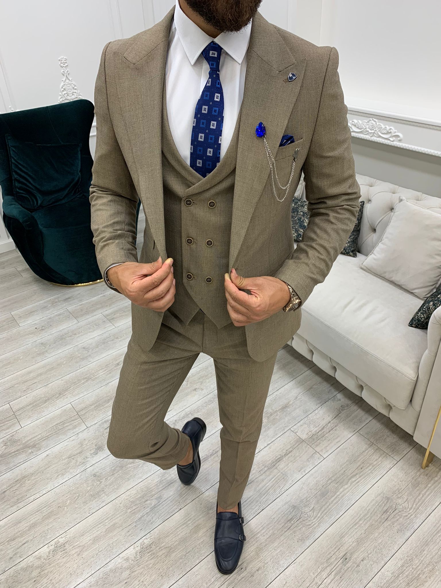 İtalyan Stil Takım Elbise Ceket Yelek Pantolon - Sütlü Kahve