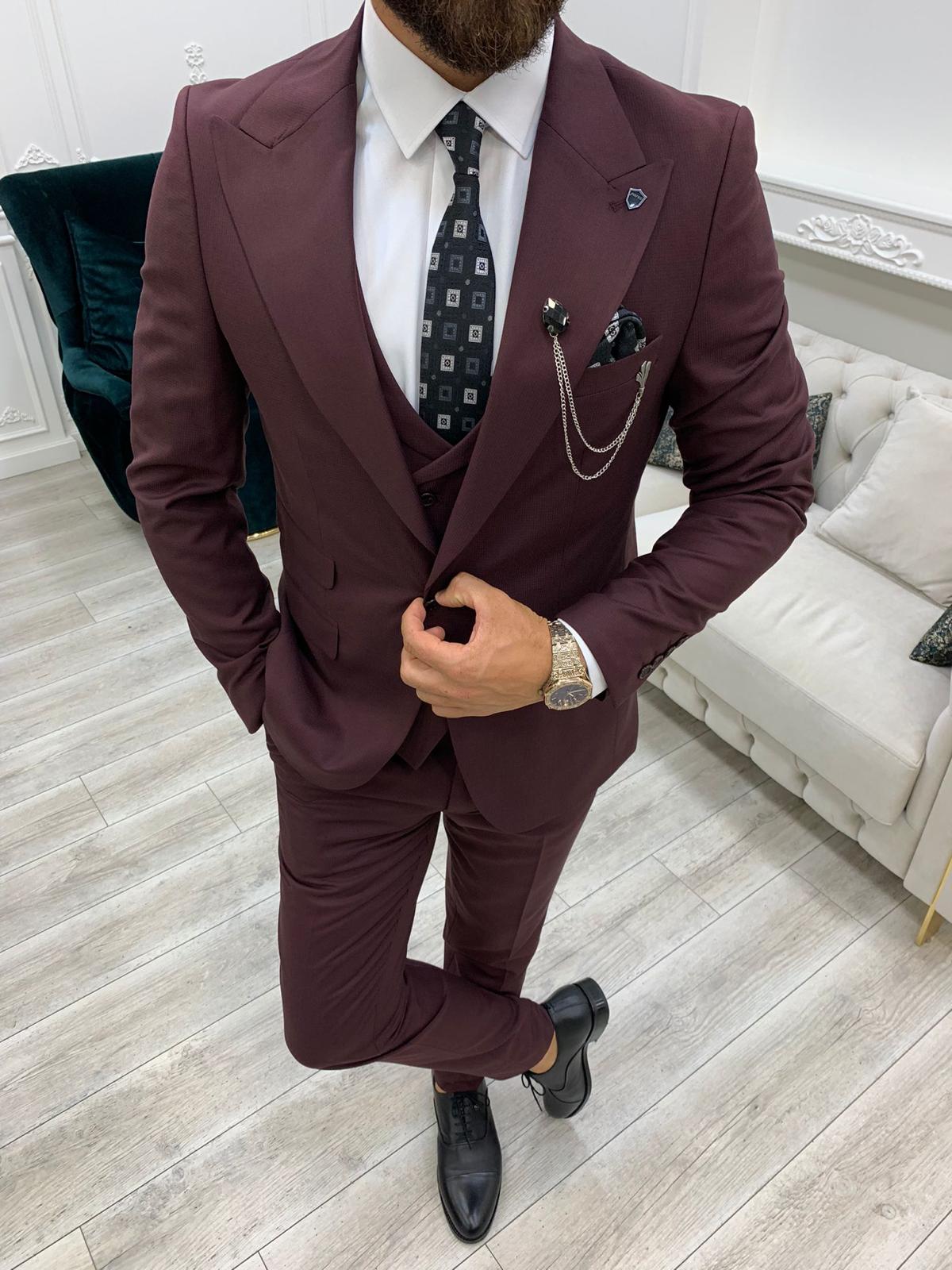 İtalyan Stil Takım Elbise Ceket Yelek Pantolon - Bordo