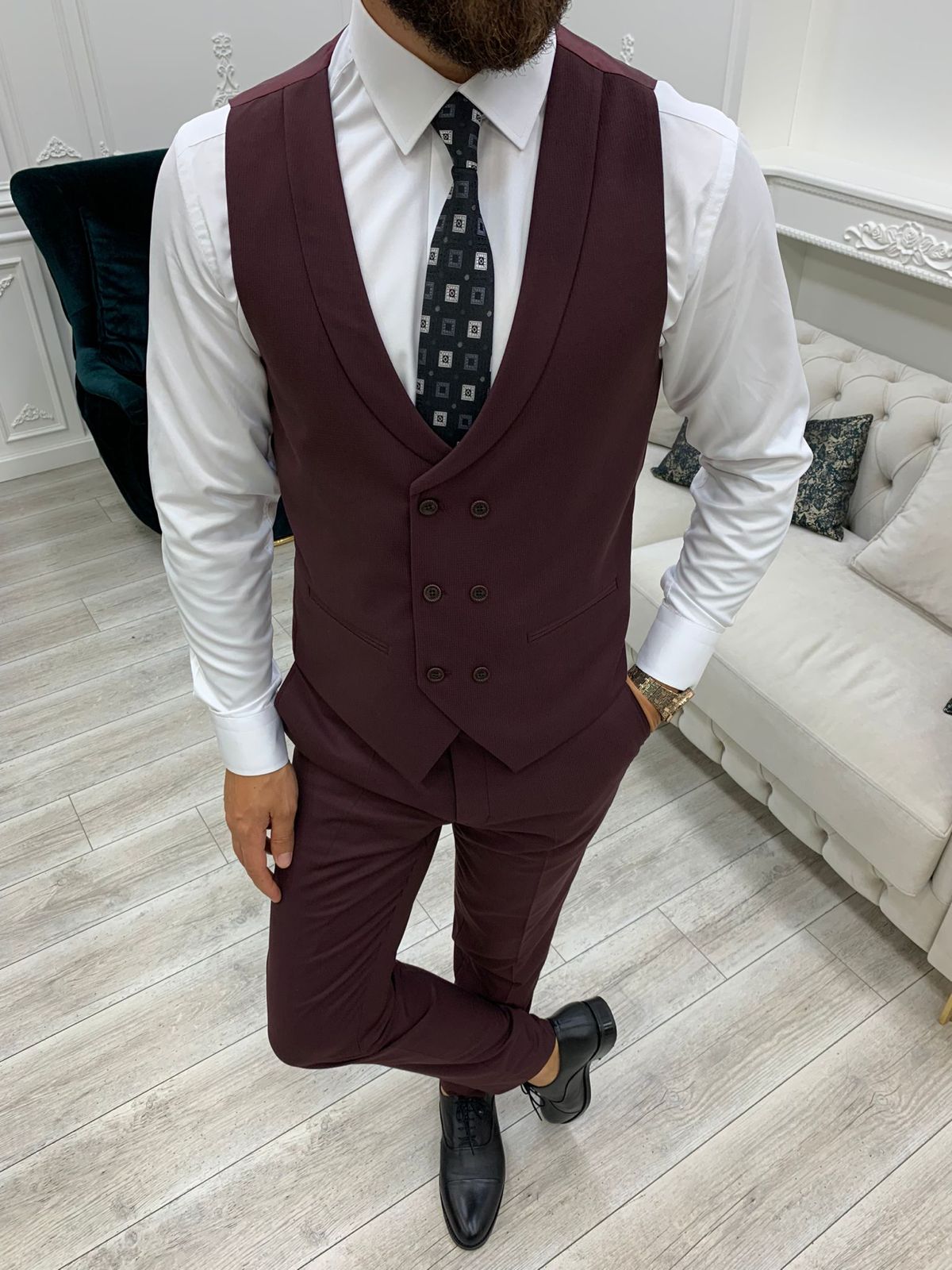 İtalyan Stil Takım Elbise Ceket Yelek Pantolon - Bordo