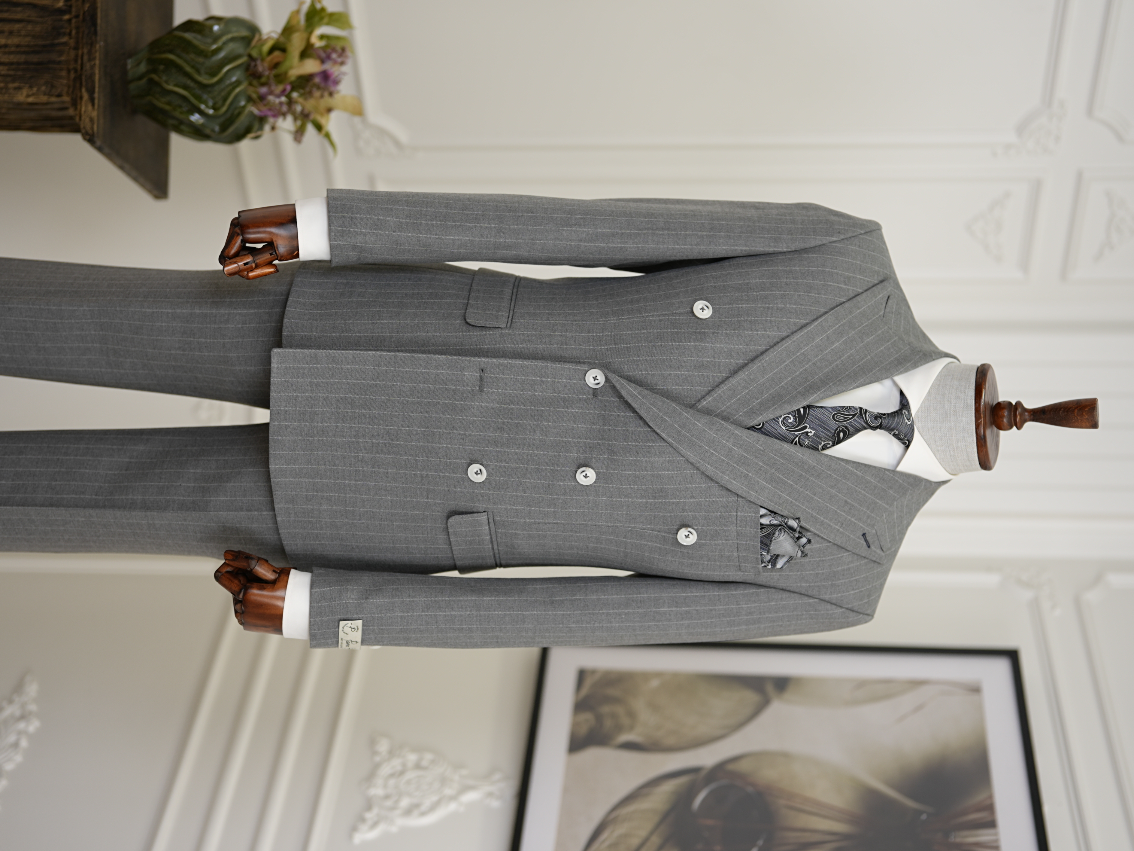 Premium Erkek Slim Fit İtalyan Stil Çizgili Kruvaze Takım Elbise - Gri