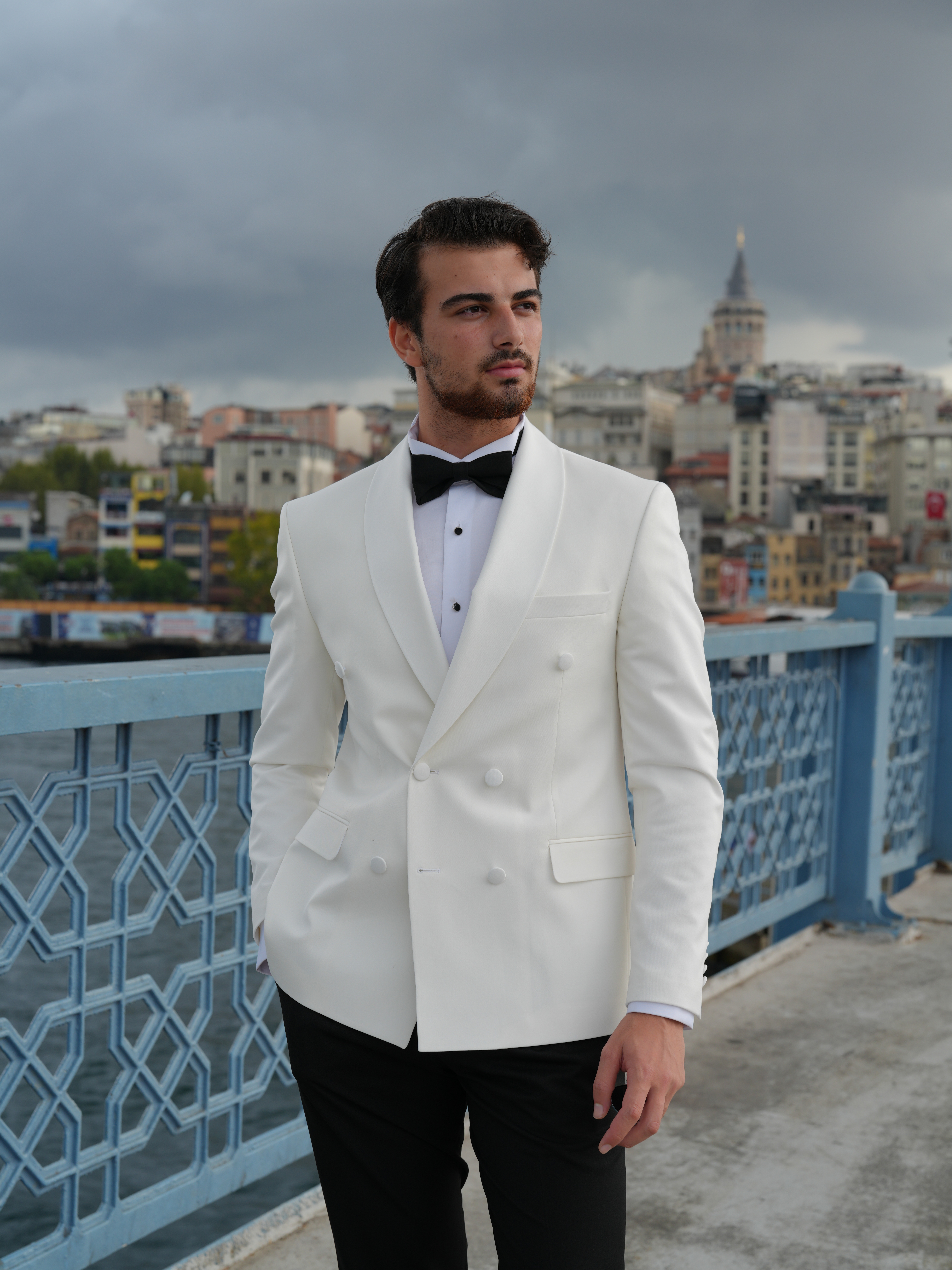 Pantaloni da giacca da sposo con risvolto scialle e doppiopetto stile italiano slim fit da uomo premium - Papillon - Bianco