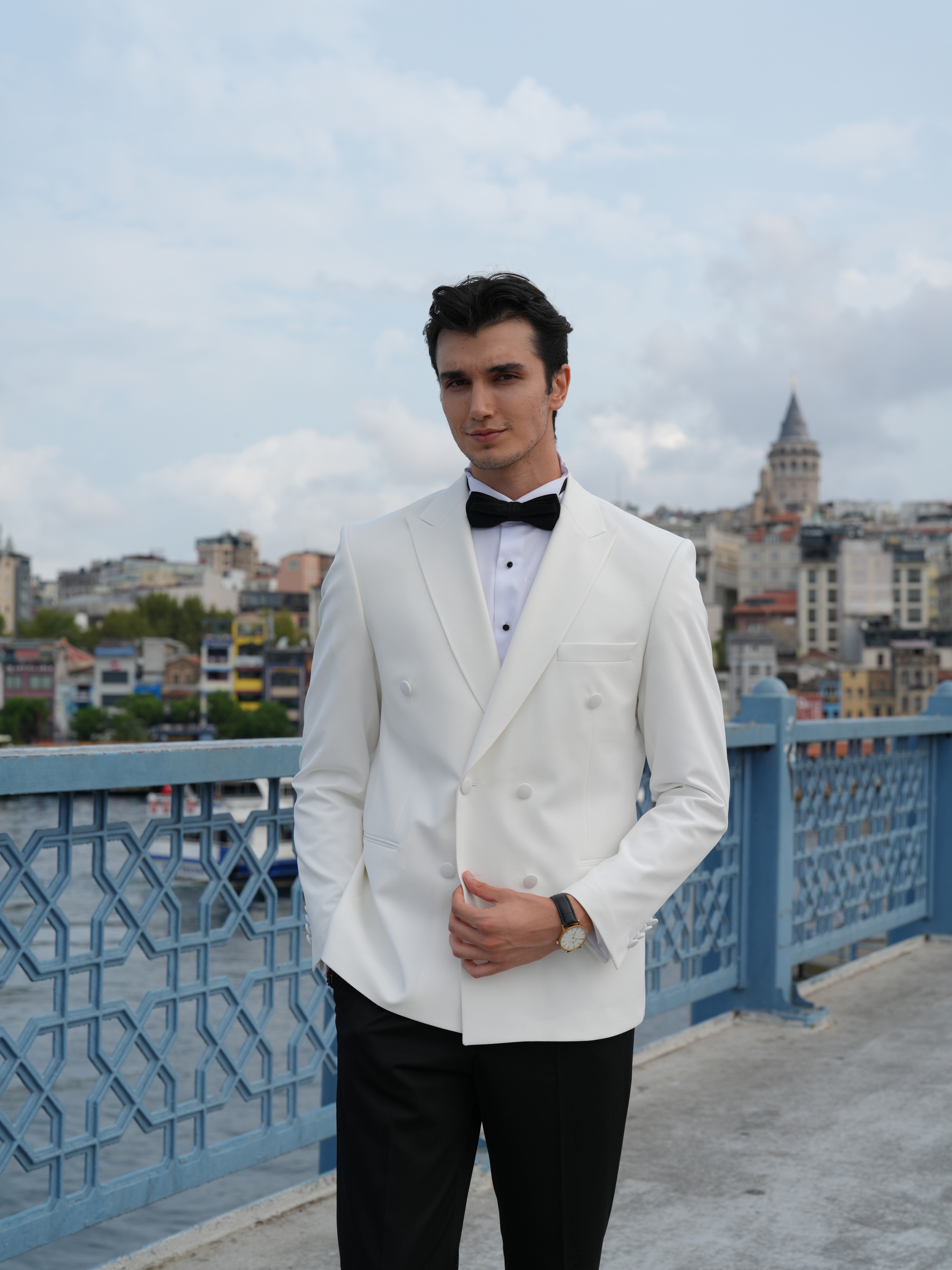 Pantaloni da giacca da sposo con bavero a punta e smoking doppiopetto stile italiano premium da uomo slim fit - Papillon - Bianco