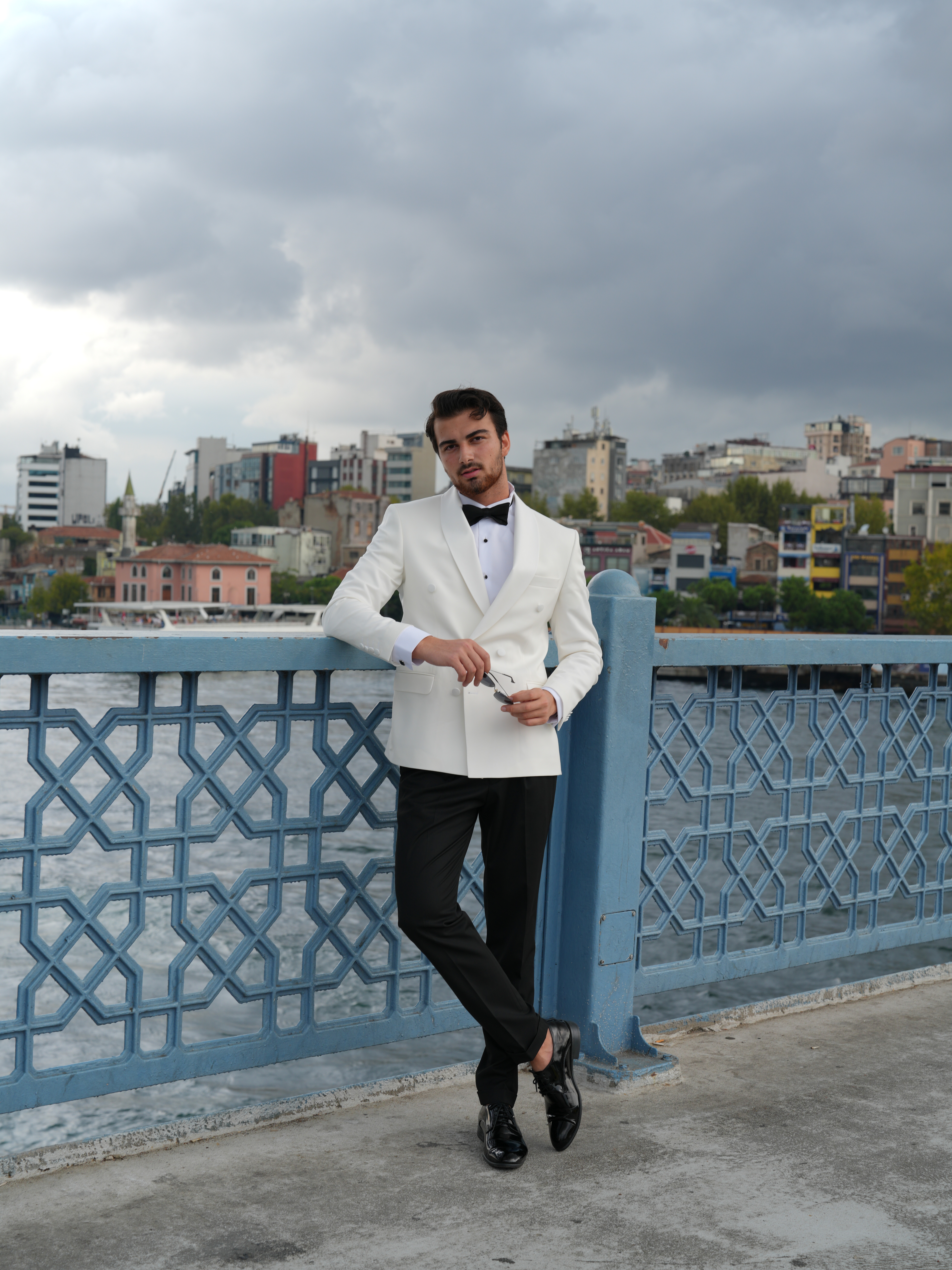 Pantaloni da giacca da sposo con risvolto scialle e doppiopetto stile italiano slim fit da uomo premium - Papillon - Bianco