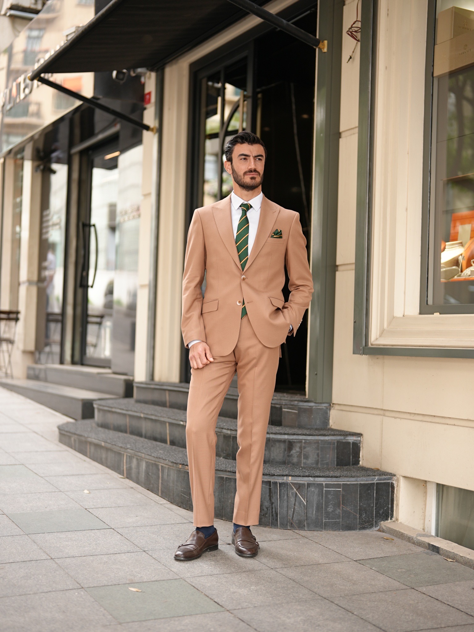 Premium Erkek Slim Fit İtalyan Stil Punto Dikişli Yarım Astarlı Takım Elbise Ceket Pantolon - Taba