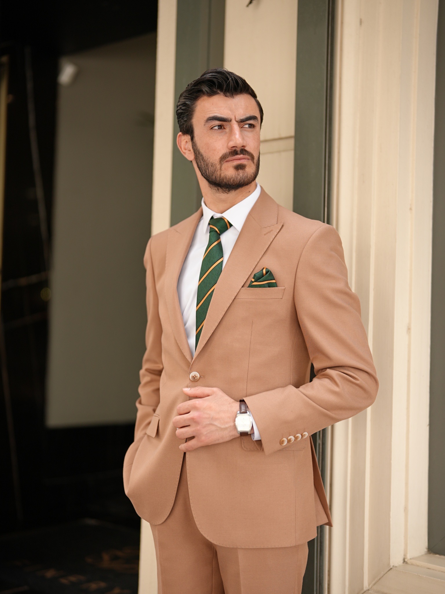 Premium Erkek Slim Fit İtalyan Stil Punto Dikişli Yarım Astarlı Takım Elbise Ceket Pantolon - Taba