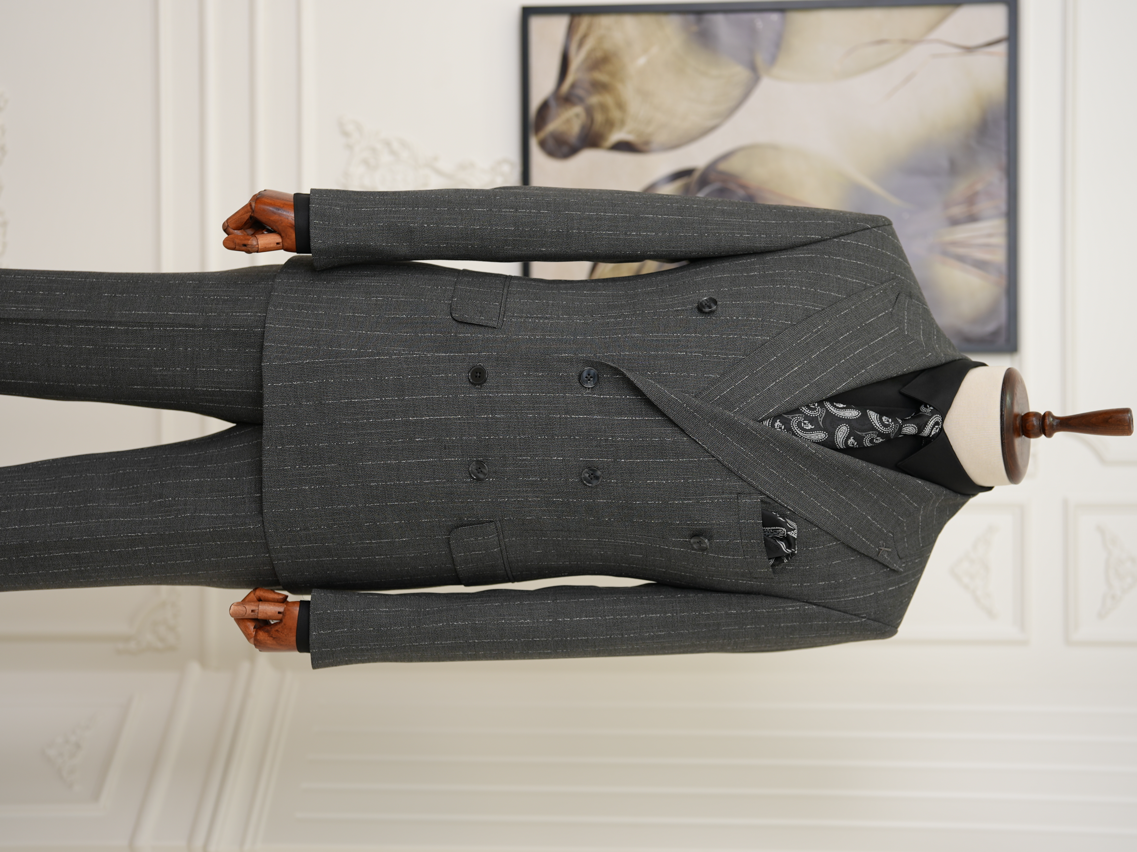 Premium Erkek Slim Fit İtalyan Stil Yarım Astarlı Çizgiliı Kruvaze Takım Elbise Ceket Pantolon - Gri