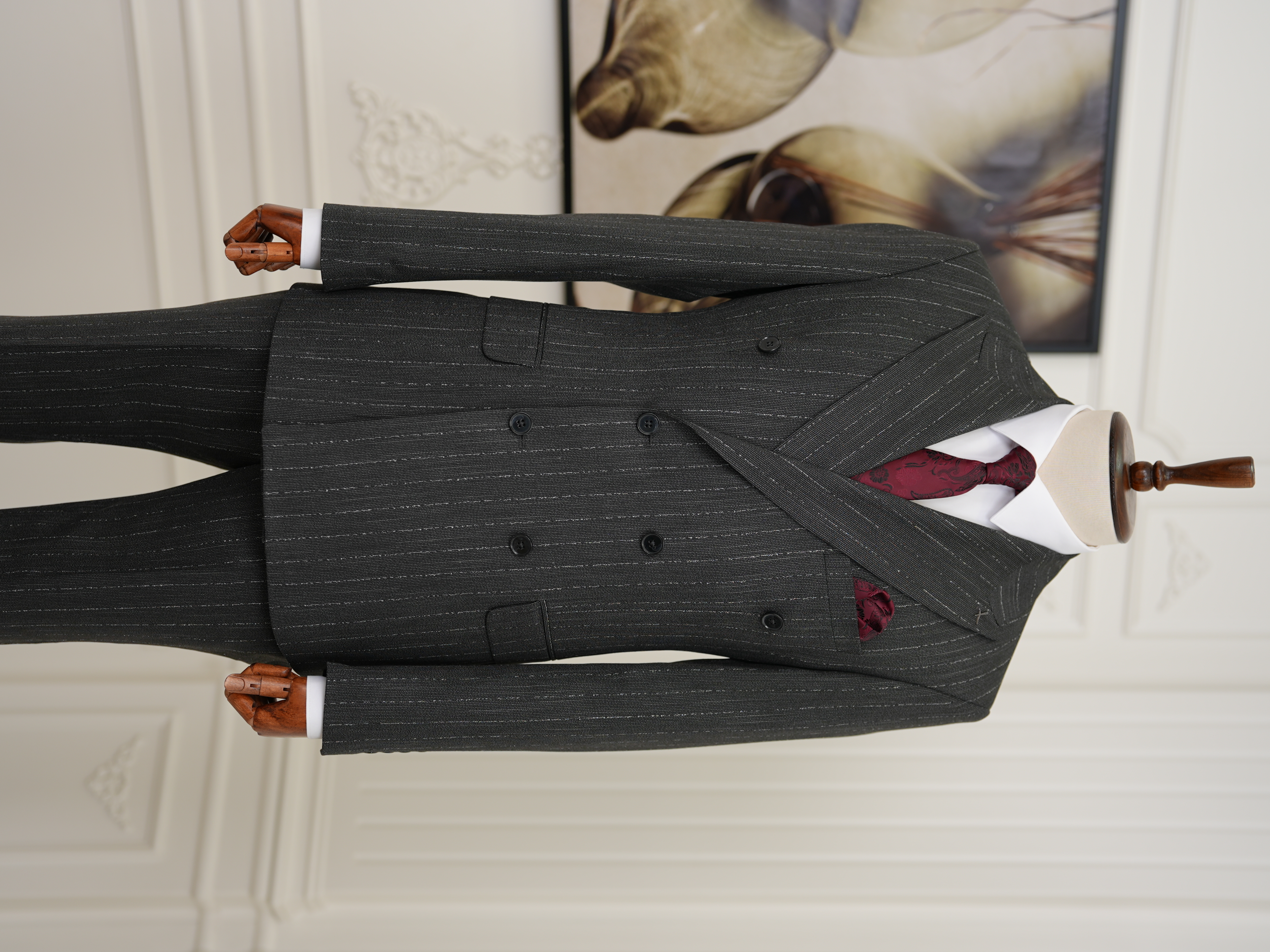 Premium Erkek Slim Fit İtalyan Stil Yarım Astarlı Çizgiliı Kruvaze Takım Elbise Ceket Pantolon - Antrasit