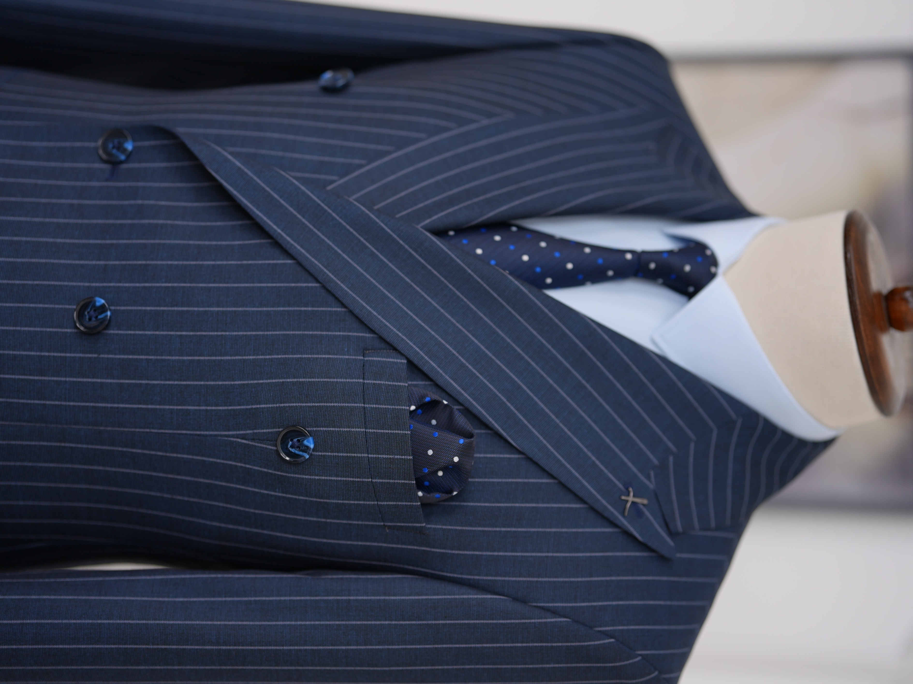Premium Erkek Slim Fit İtalyan Stil Yarım Astarlı Çizgili Kruvaze Takım Elbise Ceket Pantolon - İndigo