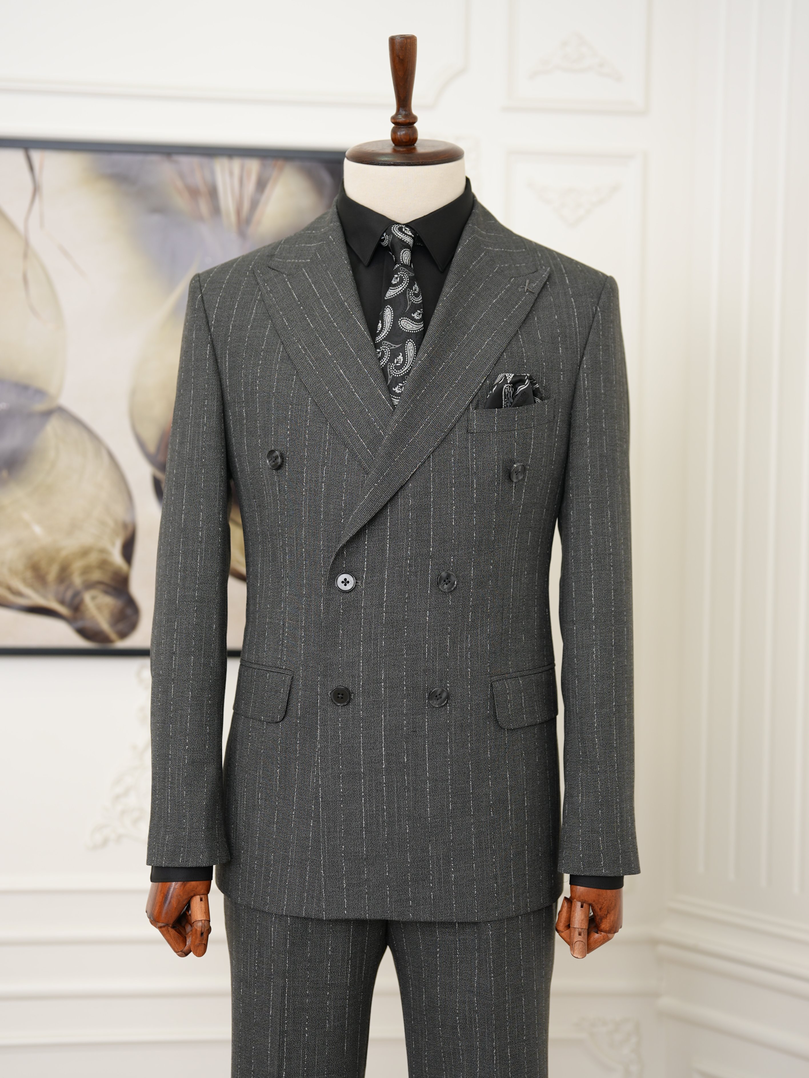 Premium Erkek Slim Fit İtalyan Stil Yarım Astarlı Çizgiliı Kruvaze Takım Elbise Ceket Pantolon - Gri