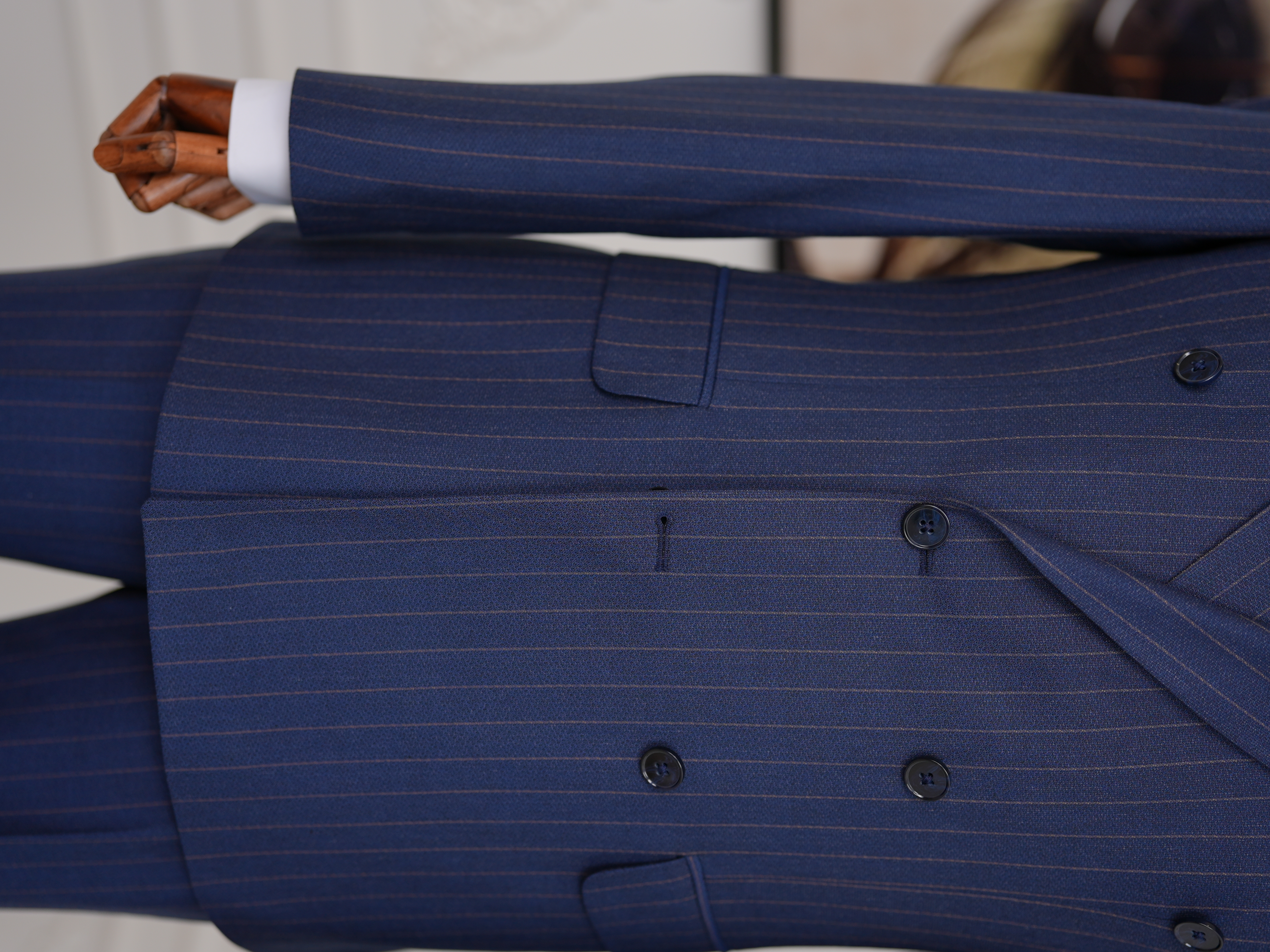 Premium Erkek Slim Fit İtalyan Stil Yarım Astarlı Çizgili Kruvaze Takım Elbise Ceket Pantolon - Lacivert