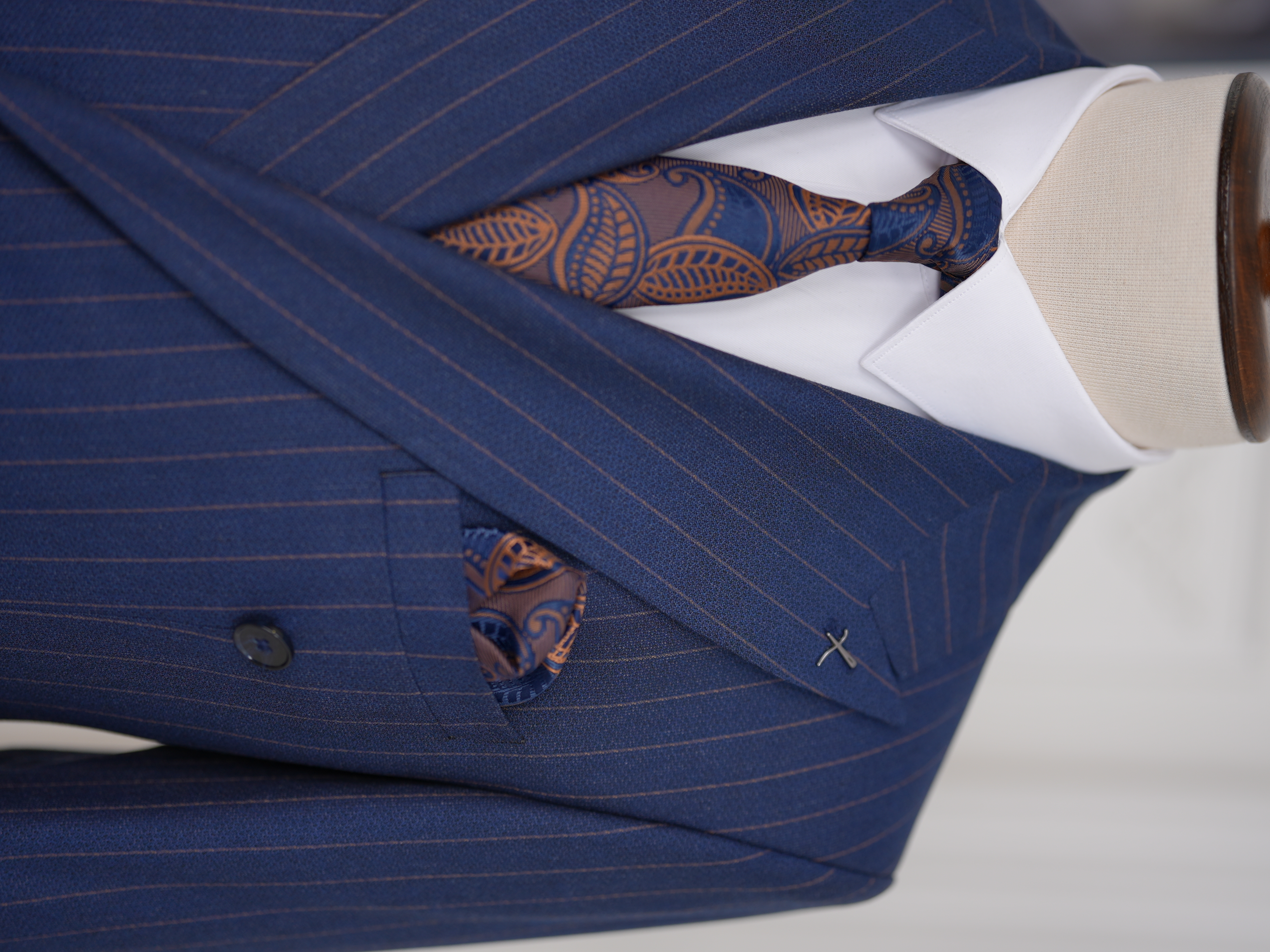 Premium Erkek Slim Fit İtalyan Stil Yarım Astarlı Çizgili Kruvaze Takım Elbise Ceket Pantolon - Lacivert