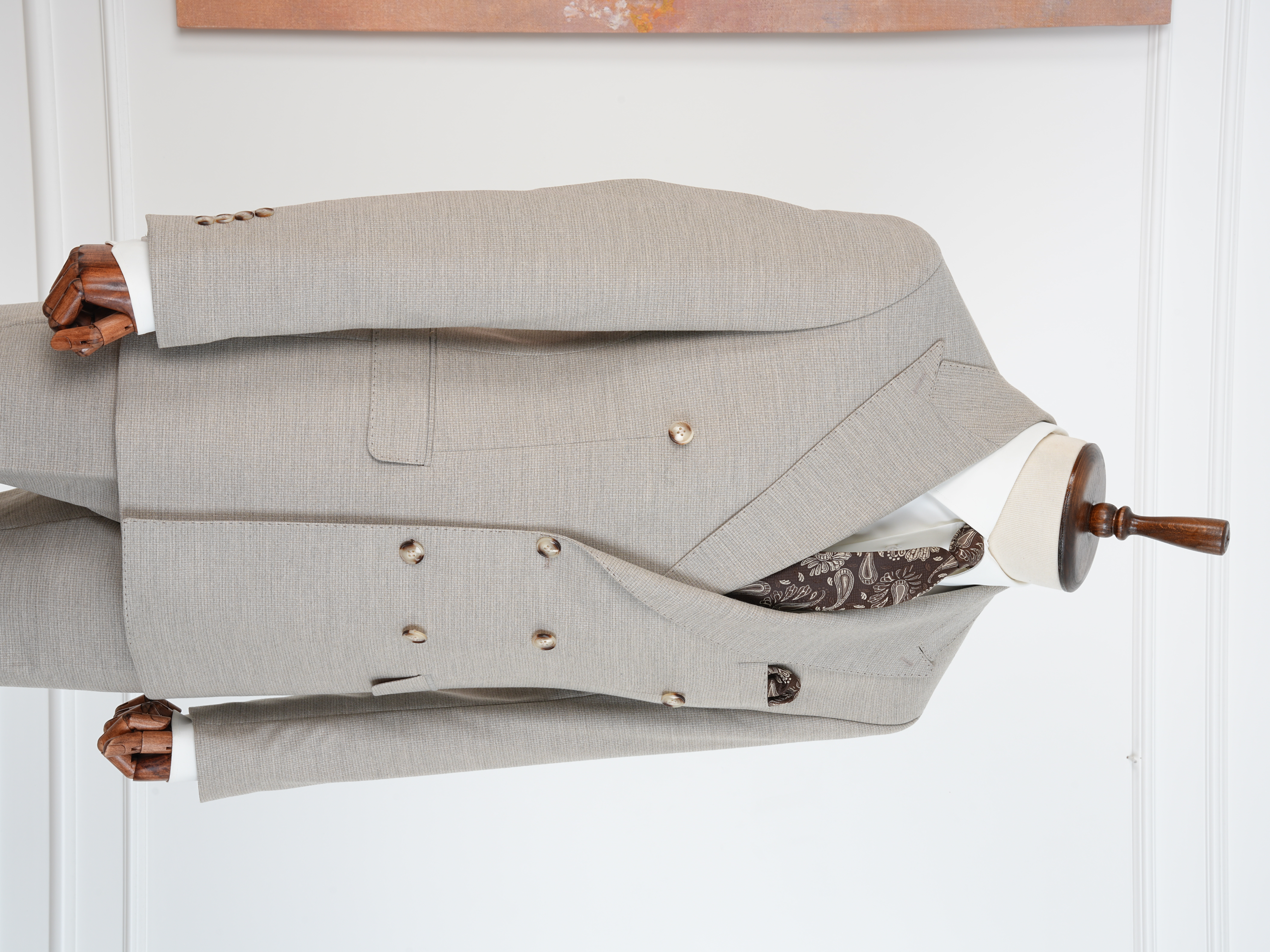 Premium Erkek Slim Fit İtalyan Stil Yarım Astarlı Kırcıllı Kruvaze Takım Elbise - Bej