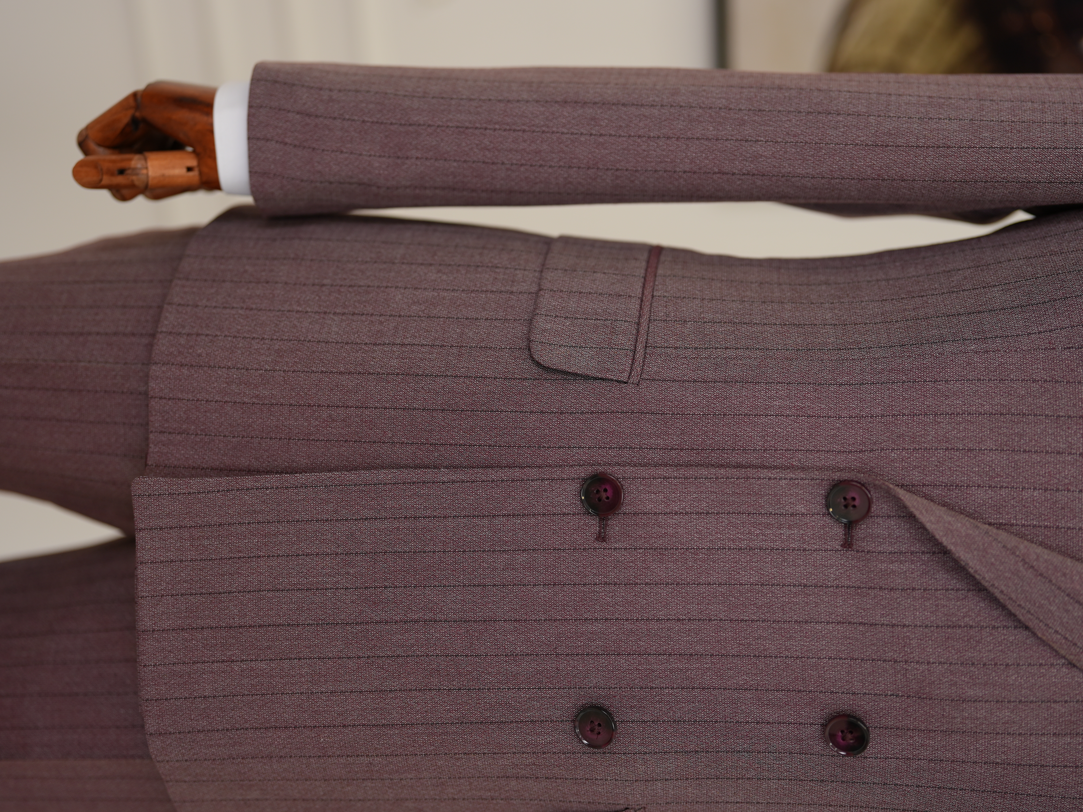 Premium Erkek Slim Fit İtalyan Stil Yarım Astarlı Çizgiliı Kruvaze Takım Elbise Ceket Pantolon - Mürdüm