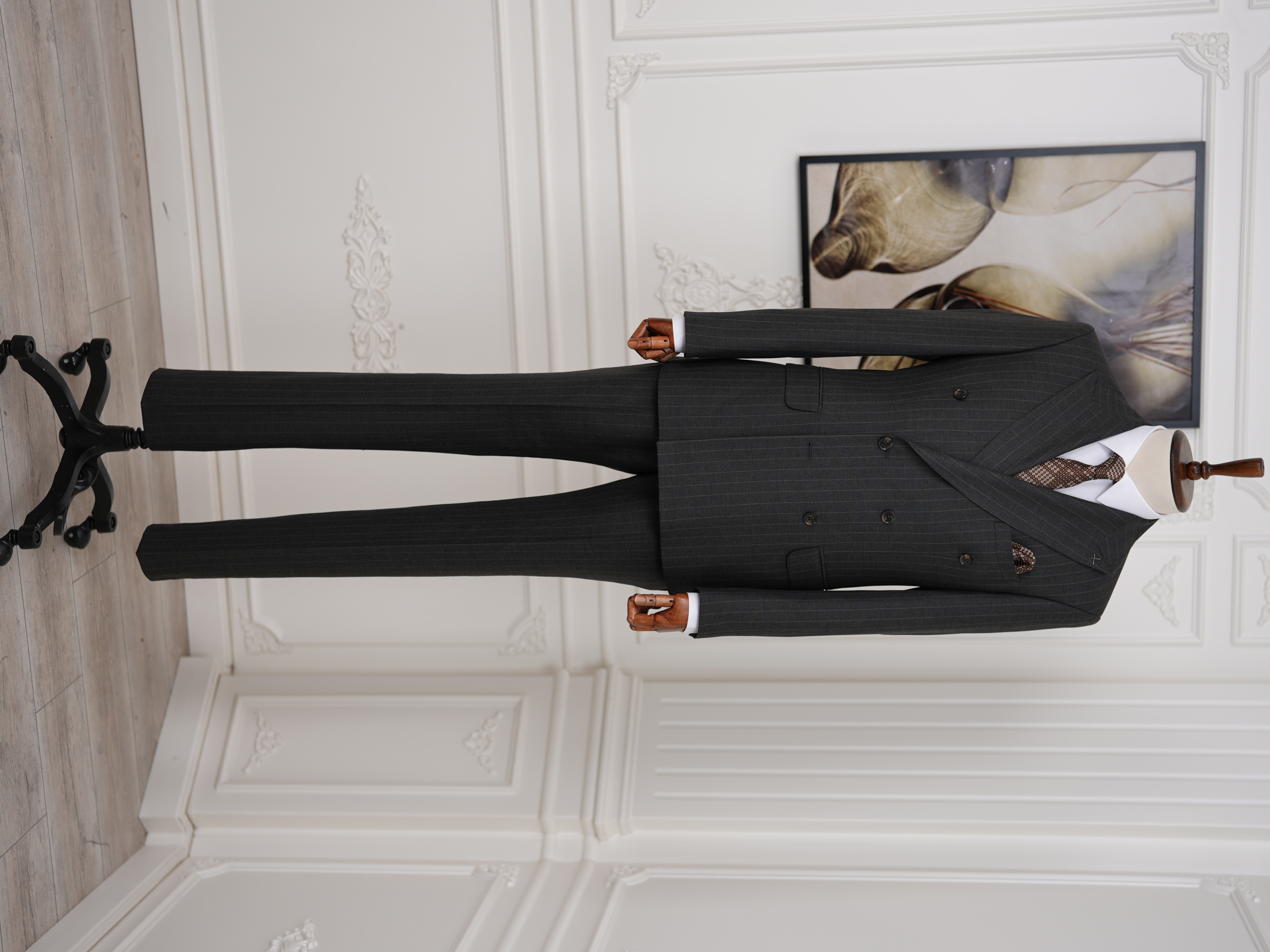 Premium Erkek Slim Fit İtalyan Stil Yarım Astarlı Çizgili Kruvaze Takım Elbise Ceket Pantolon - Acı Kahve