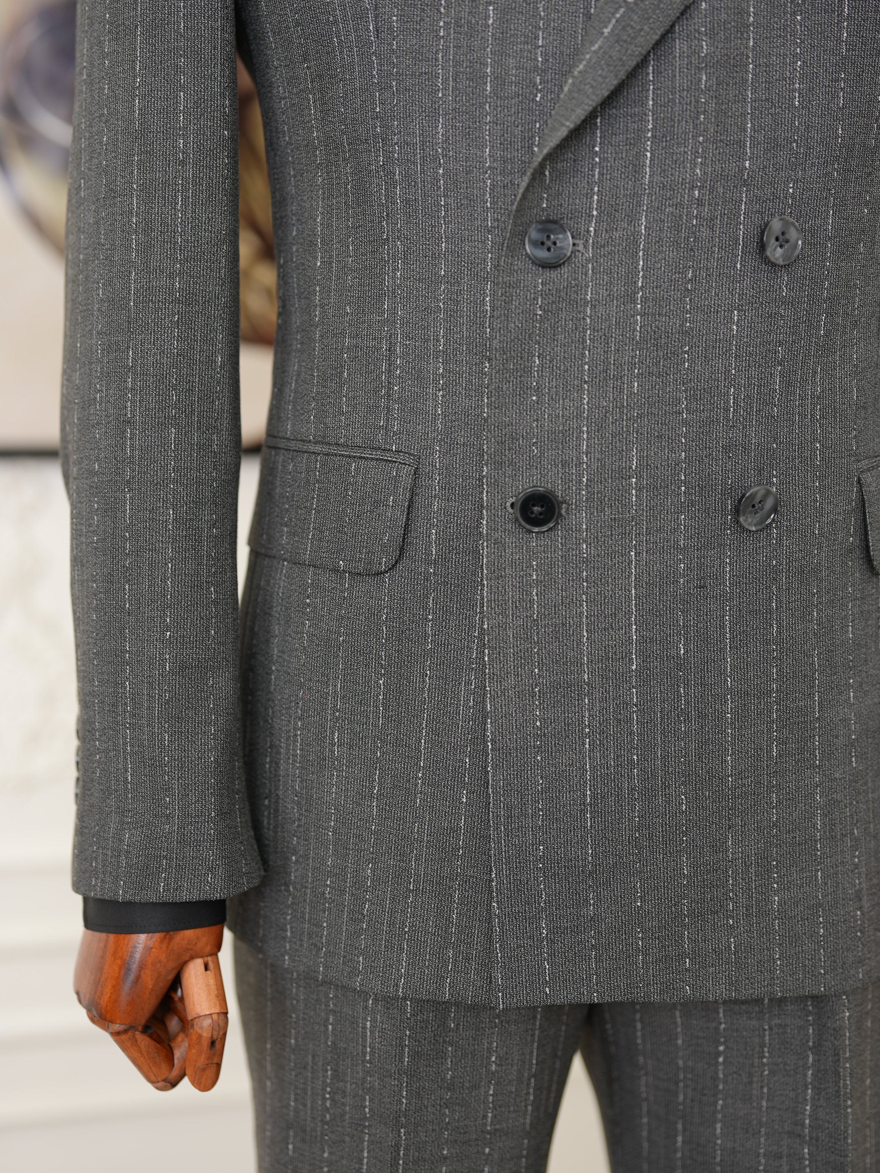 Premium Erkek Slim Fit İtalyan Stil Yarım Astarlı Çizgiliı Kruvaze Takım Elbise Ceket Pantolon - Gri
