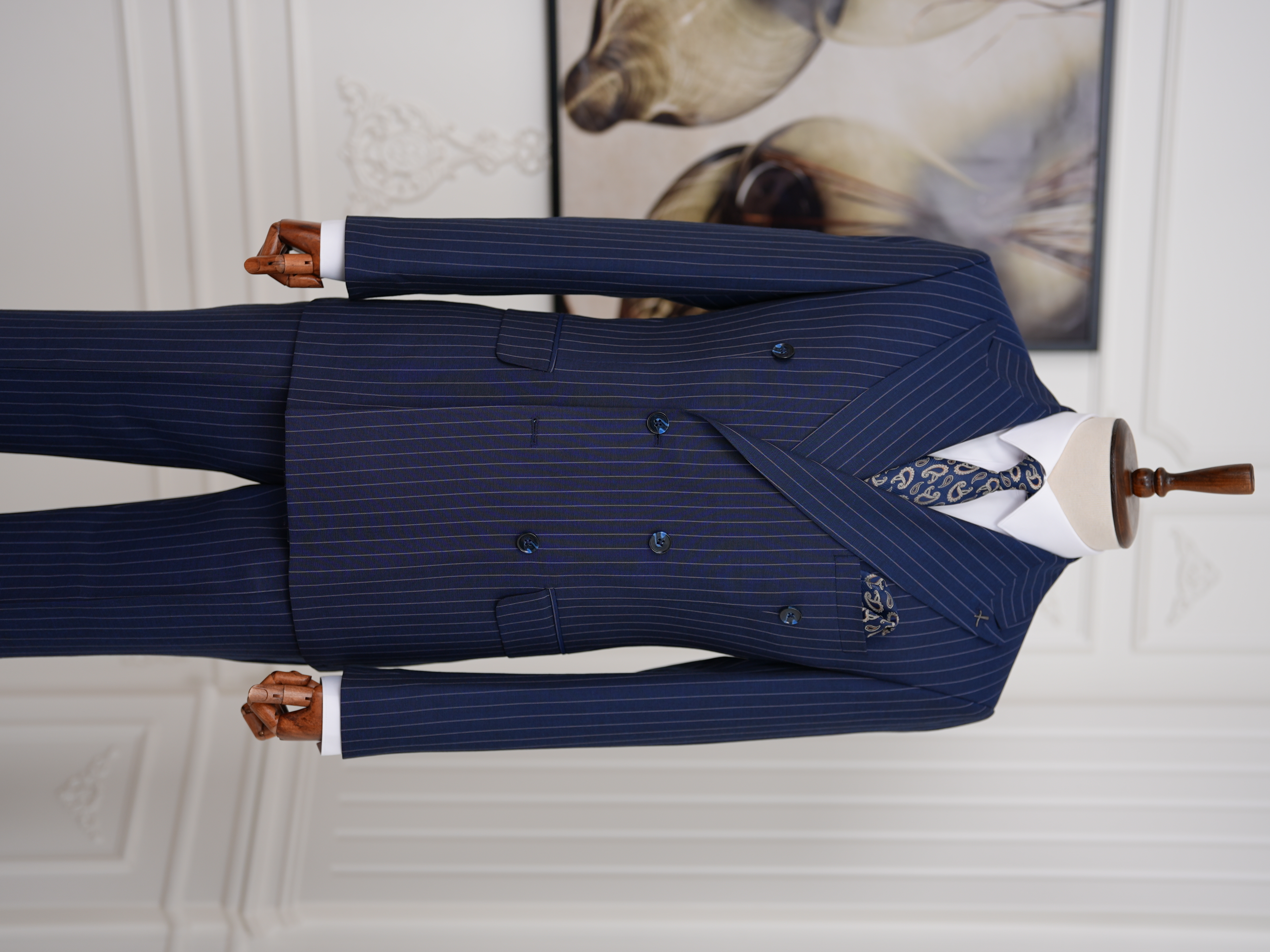 Premium Erkek Slim Fit İtalyan Stil Yarım Astarlı Çizgili Kruvaze Takım Elbise Ceket Pantolon - Saks Mavisi