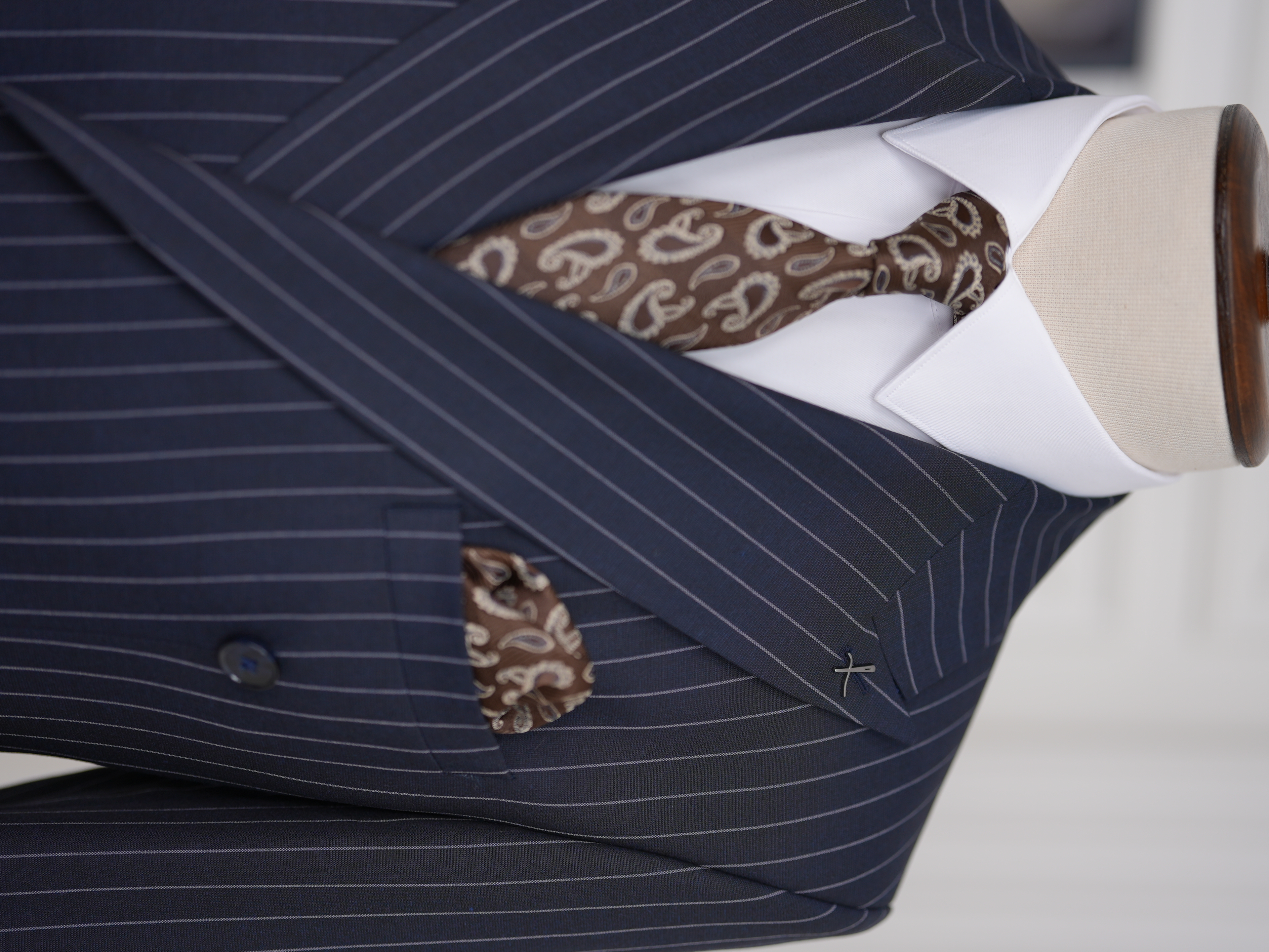 Premium Erkek Slim Fit İtalyan Stil Yarım Astarlı Çizgili Kruvaze Takım Elbise Ceket Pantolon - Koyu Lacivert