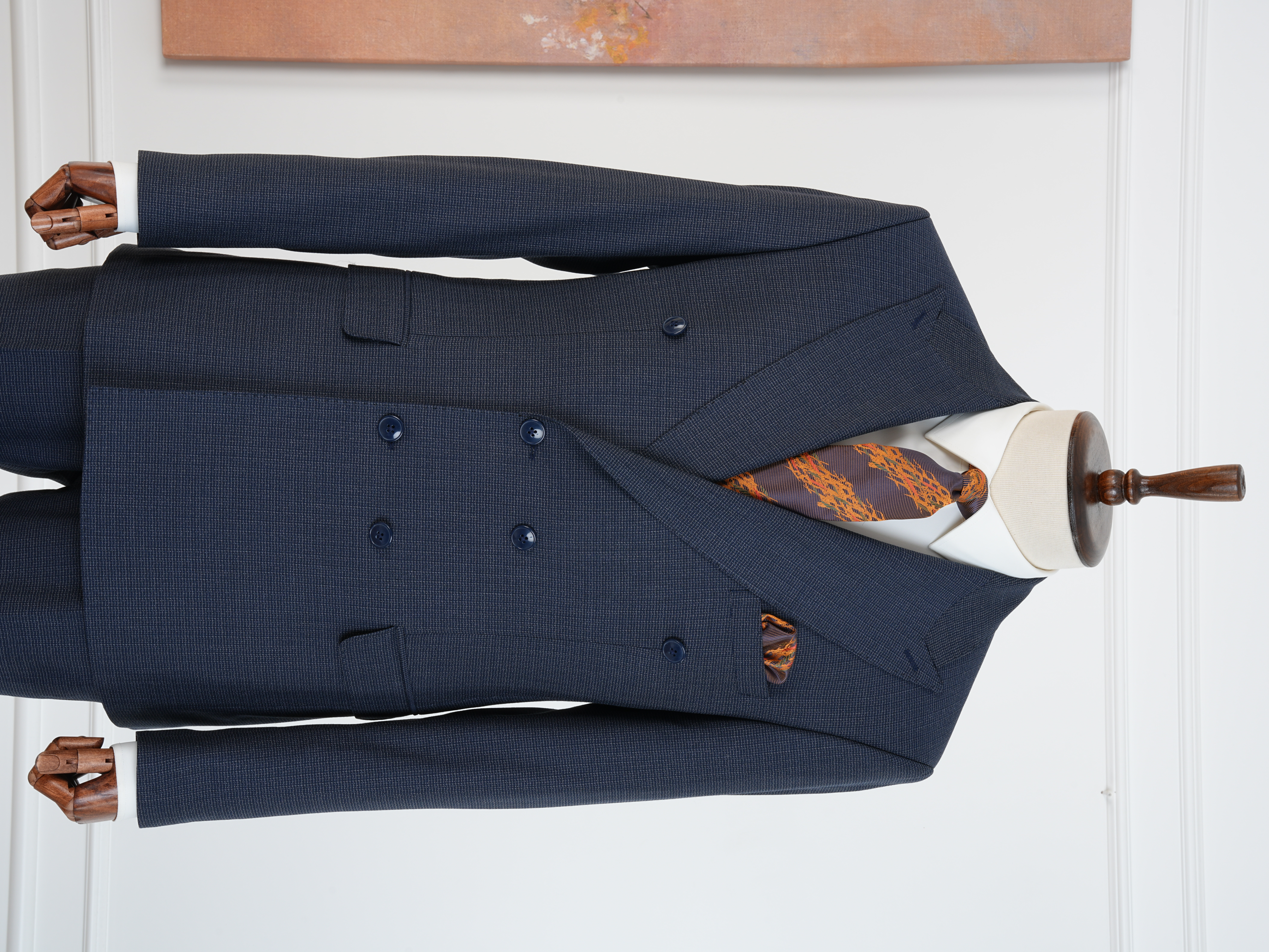 Premium Erkek Slim Fit İtalyan Stil Yarım Astarlı Kırcıllı Kruvaze Takım Elbise - Lacivert