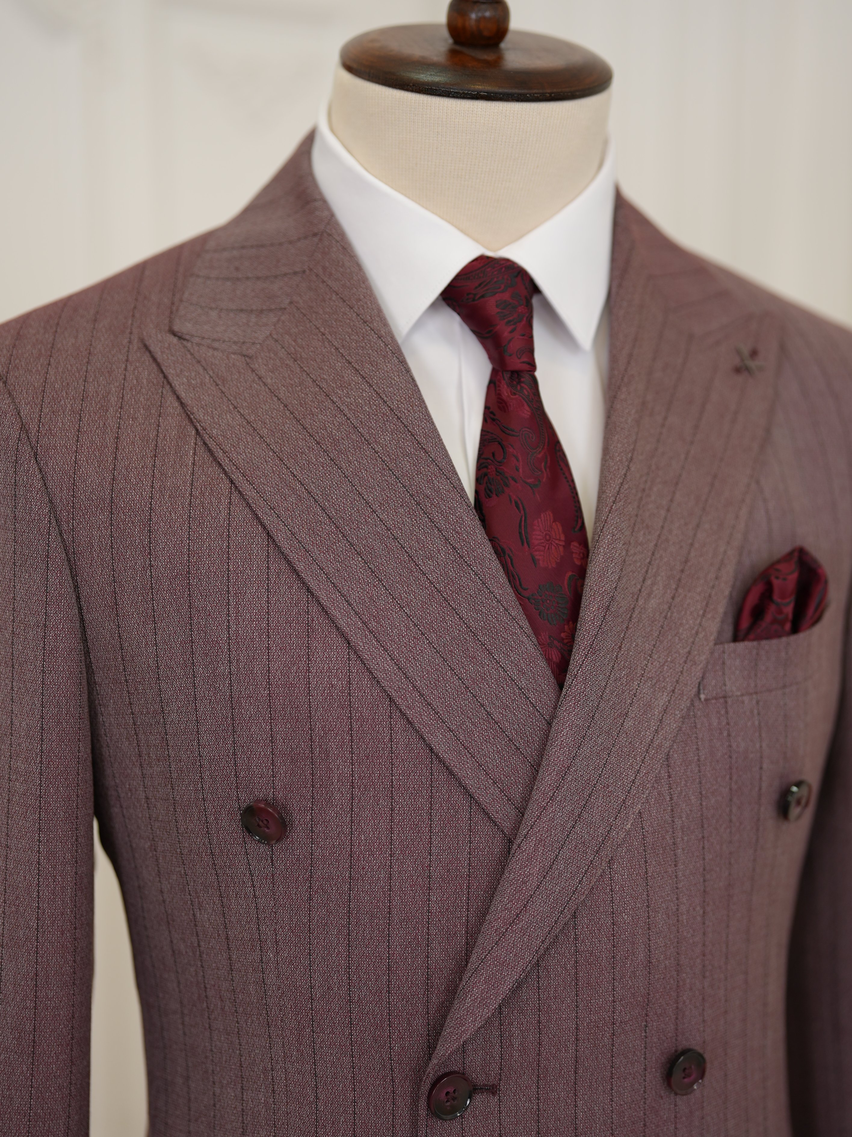 Premium Erkek Slim Fit İtalyan Stil Yarım Astarlı Çizgiliı Kruvaze Takım Elbise Ceket Pantolon - Mürdüm