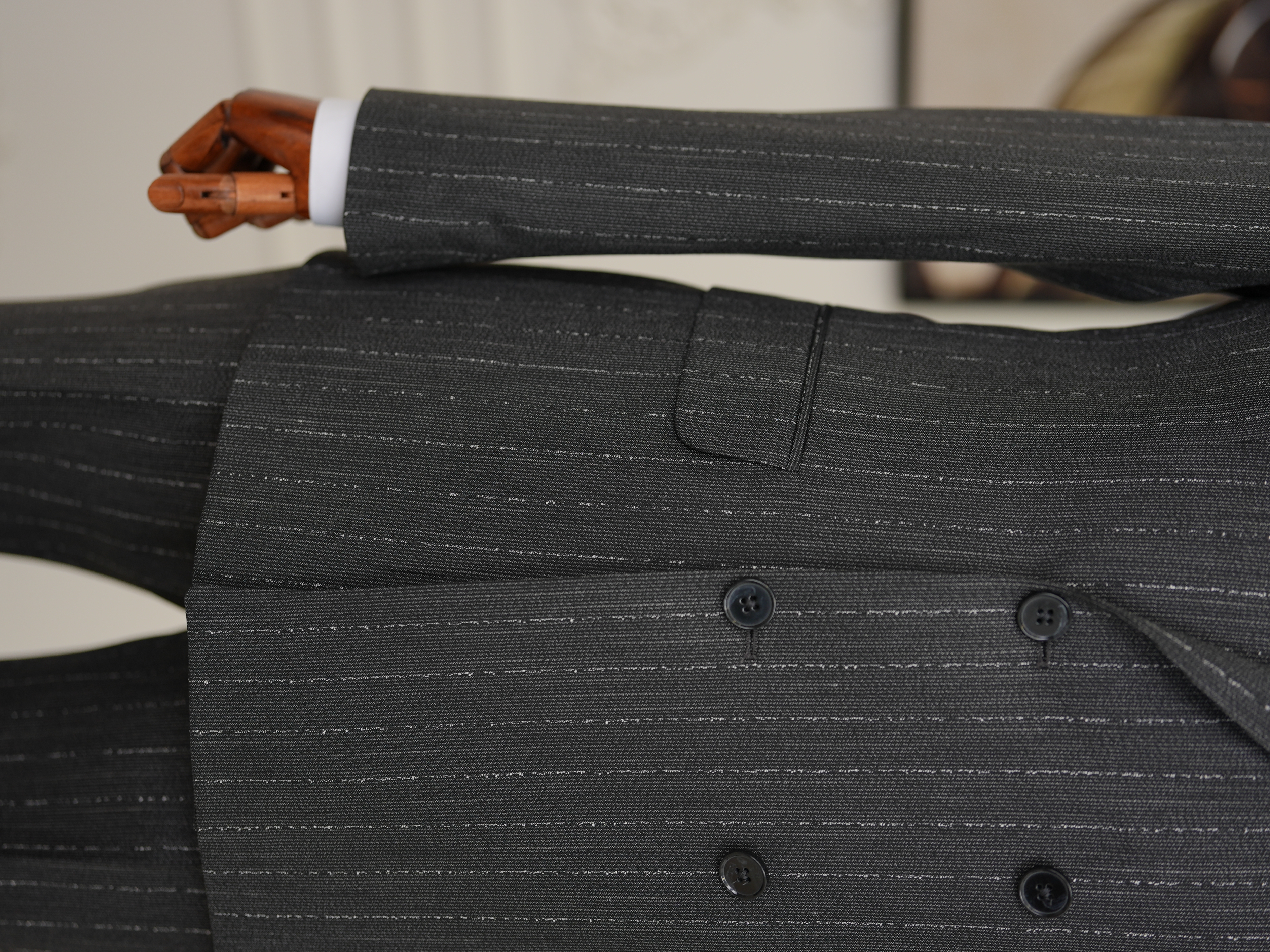 Premium Erkek Slim Fit İtalyan Stil Yarım Astarlı Çizgiliı Kruvaze Takım Elbise Ceket Pantolon - Antrasit