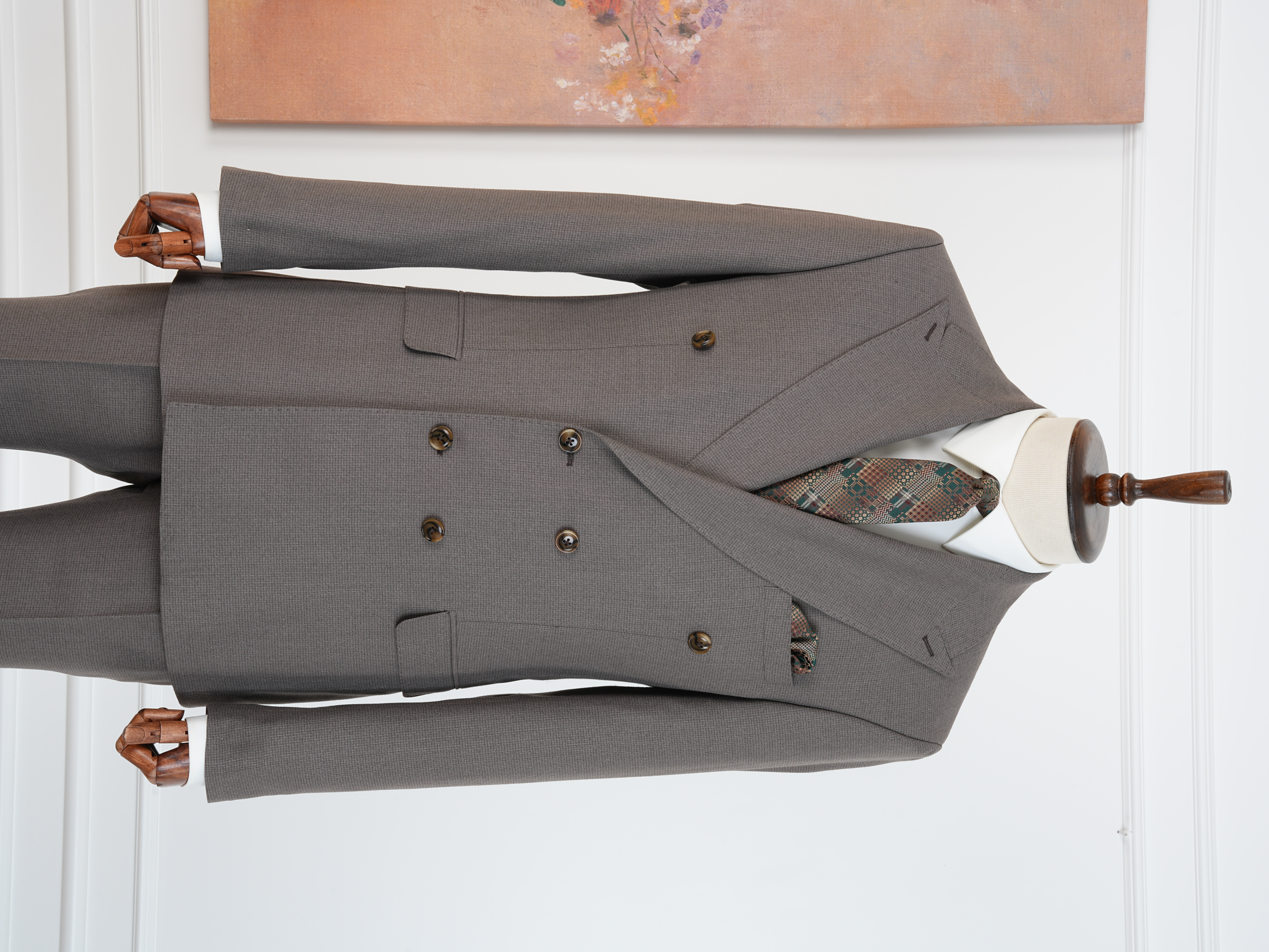Premium Erkek Slim Fit İtalyan Stil Yarım Astarlı Kırcıllı Kruvaze Takım Elbise - Sütlü Kahve