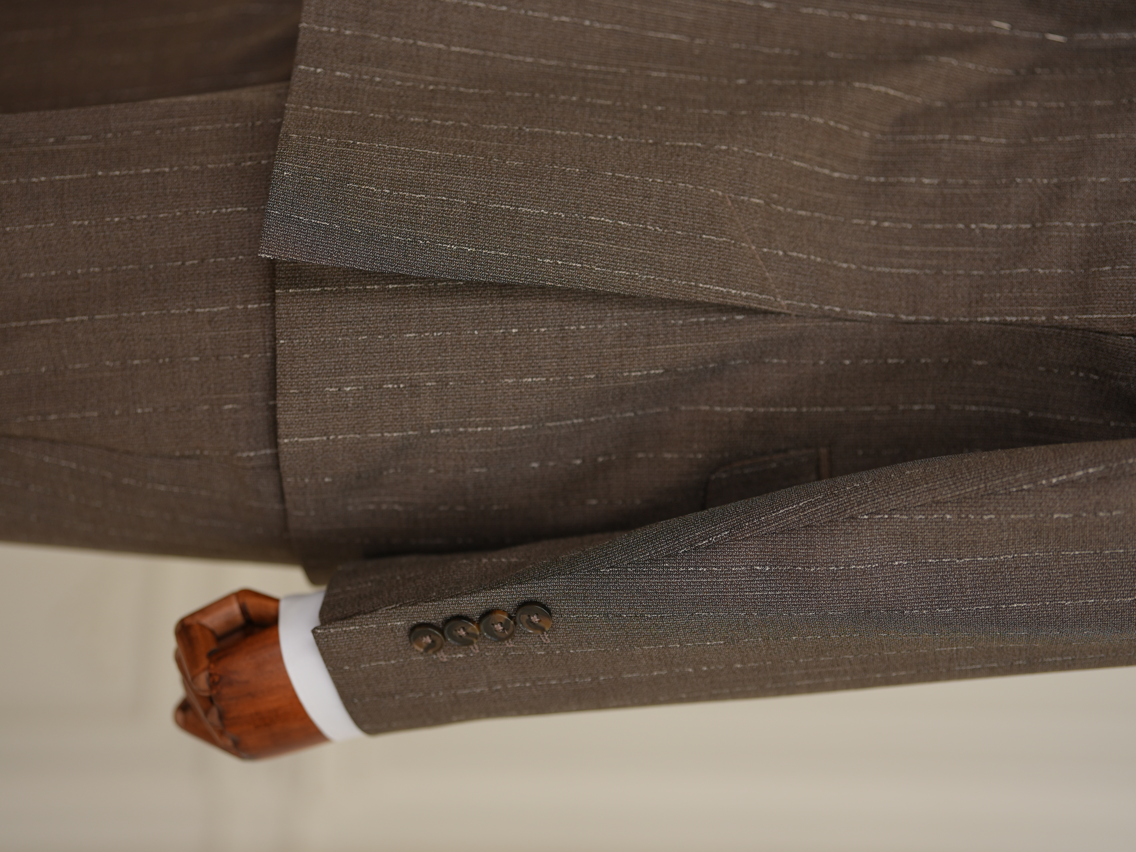 Premium Erkek Slim Fit İtalyan Stil Yarım Astarlı Çizgiliı Kruvaze Takım Elbise Ceket Pantolon - Sütlü Kahve