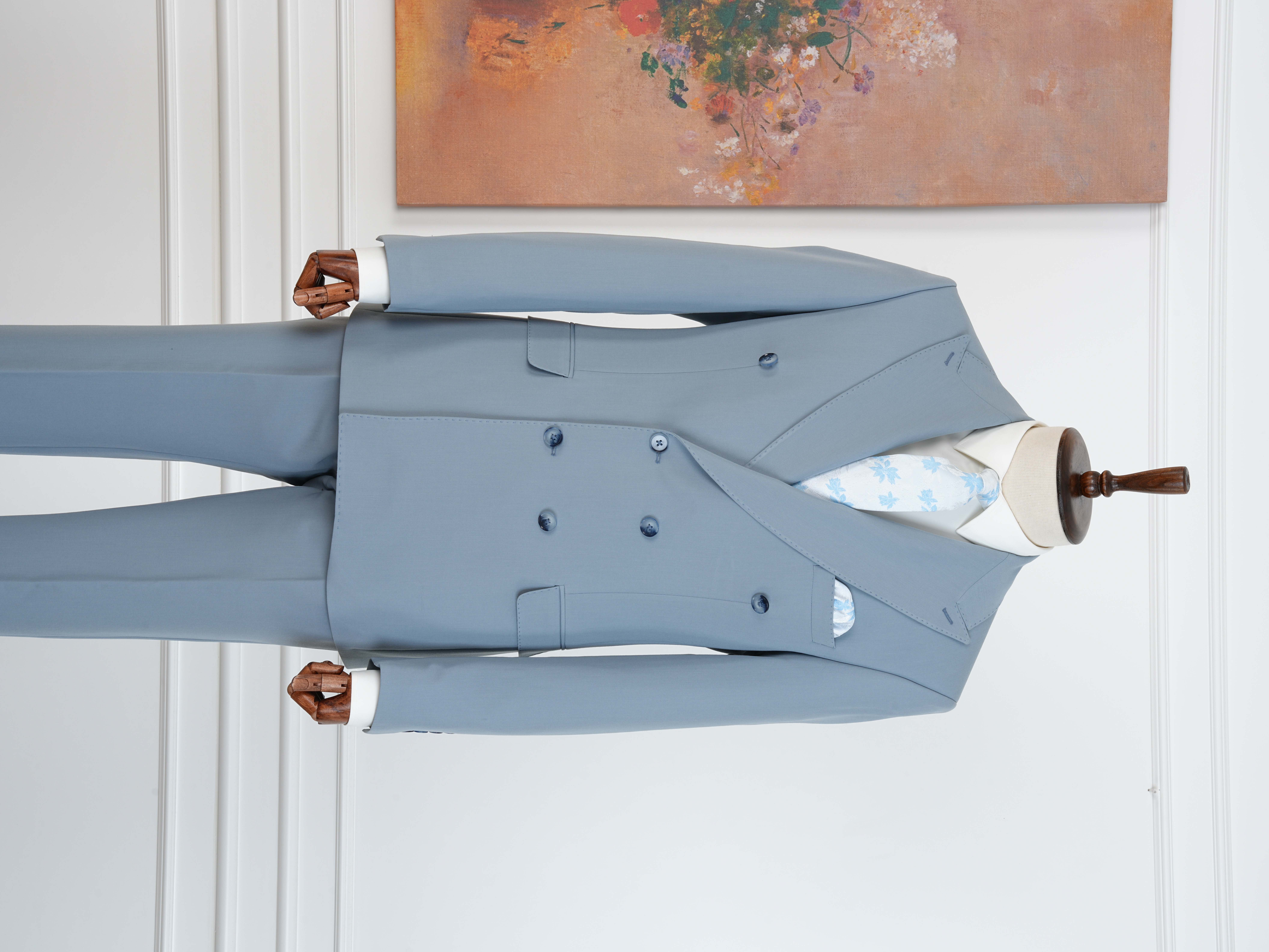Premium Erkek Slim Fit İtalyan Stil Yarım Astarlı Kruvaze Takım Elbise - Buz Mavisi