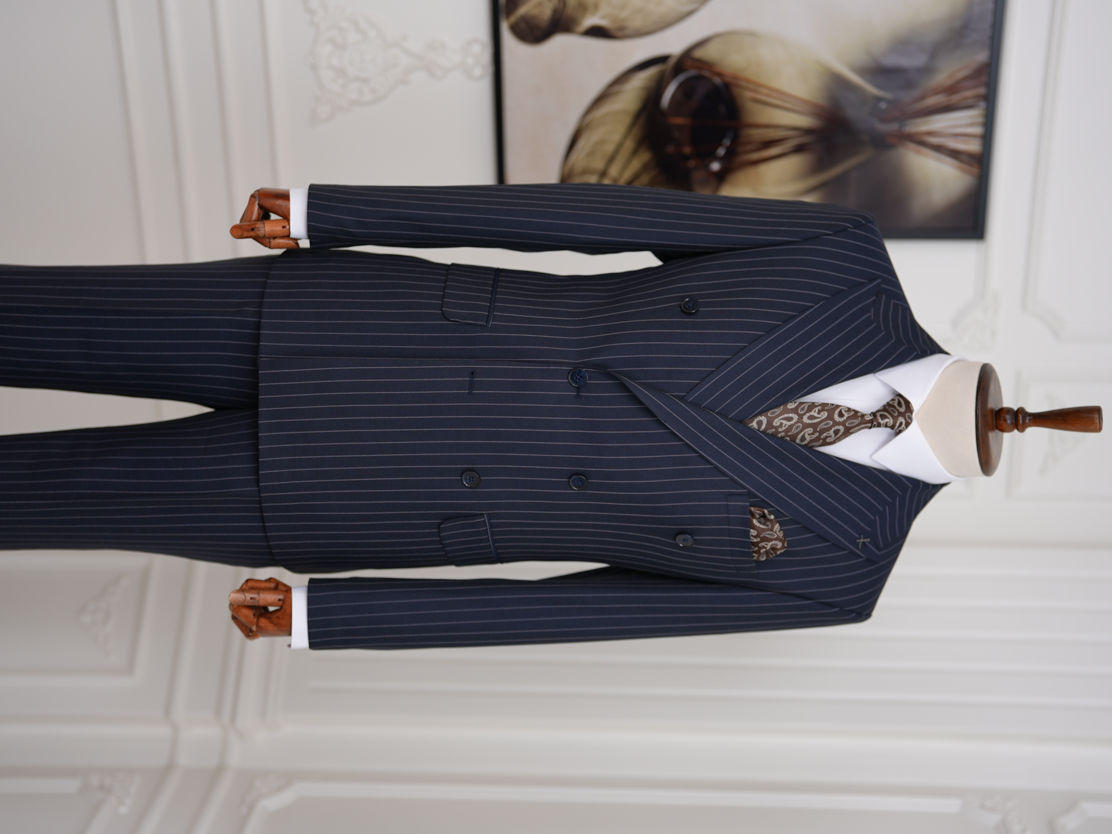 Premium Erkek Slim Fit İtalyan Stil Yarım Astarlı Çizgili Kruvaze Takım Elbise Ceket Pantolon - Koyu Lacivert