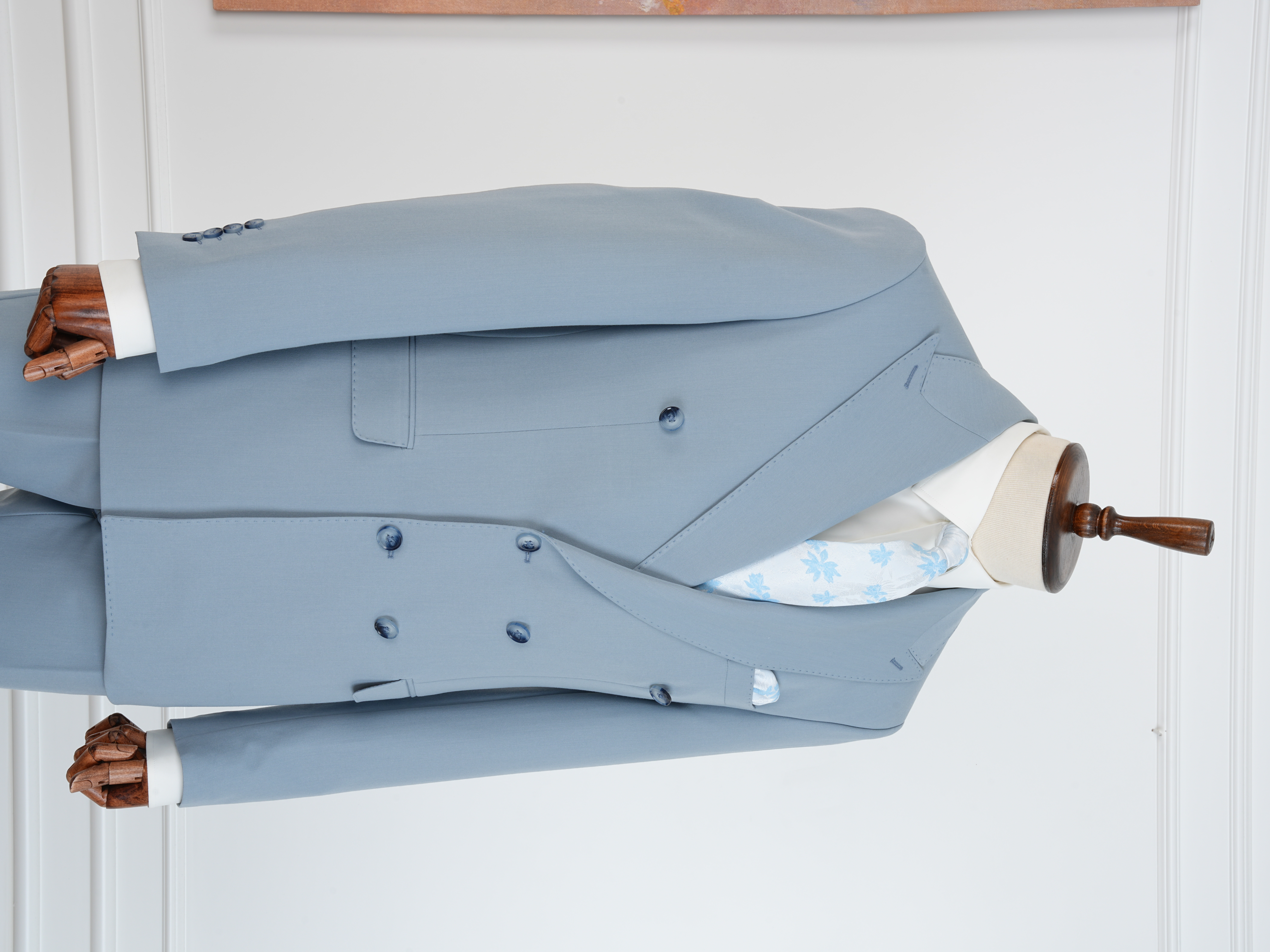 Premium Erkek Slim Fit İtalyan Stil Yarım Astarlı Kruvaze Takım Elbise - Buz Mavisi