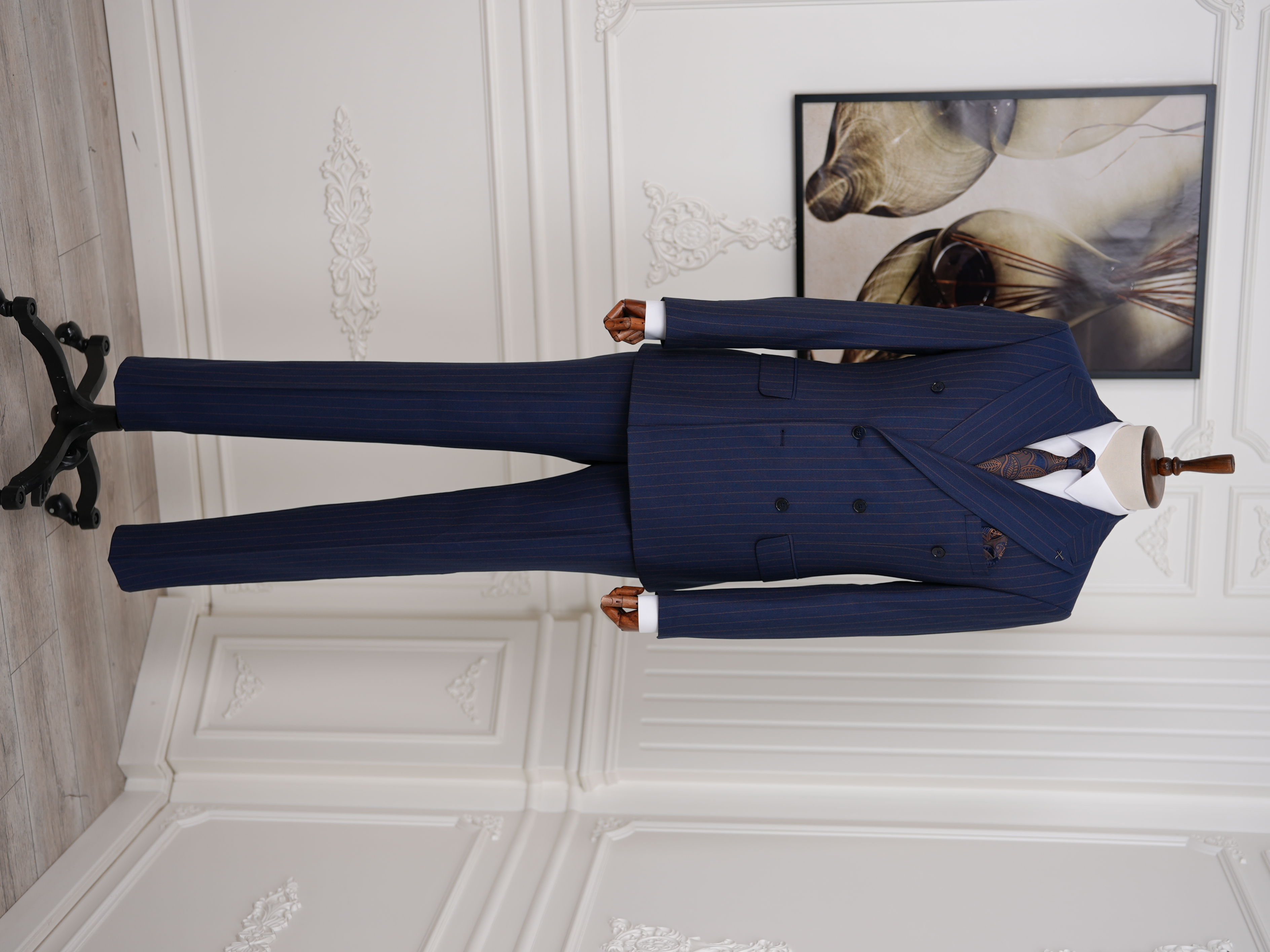 Premium Erkek Slim Fit İtalyan Stil Yarım Astarlı Çizgili Kruvaze Takım Elbise Ceket Pantolon - Lacivert