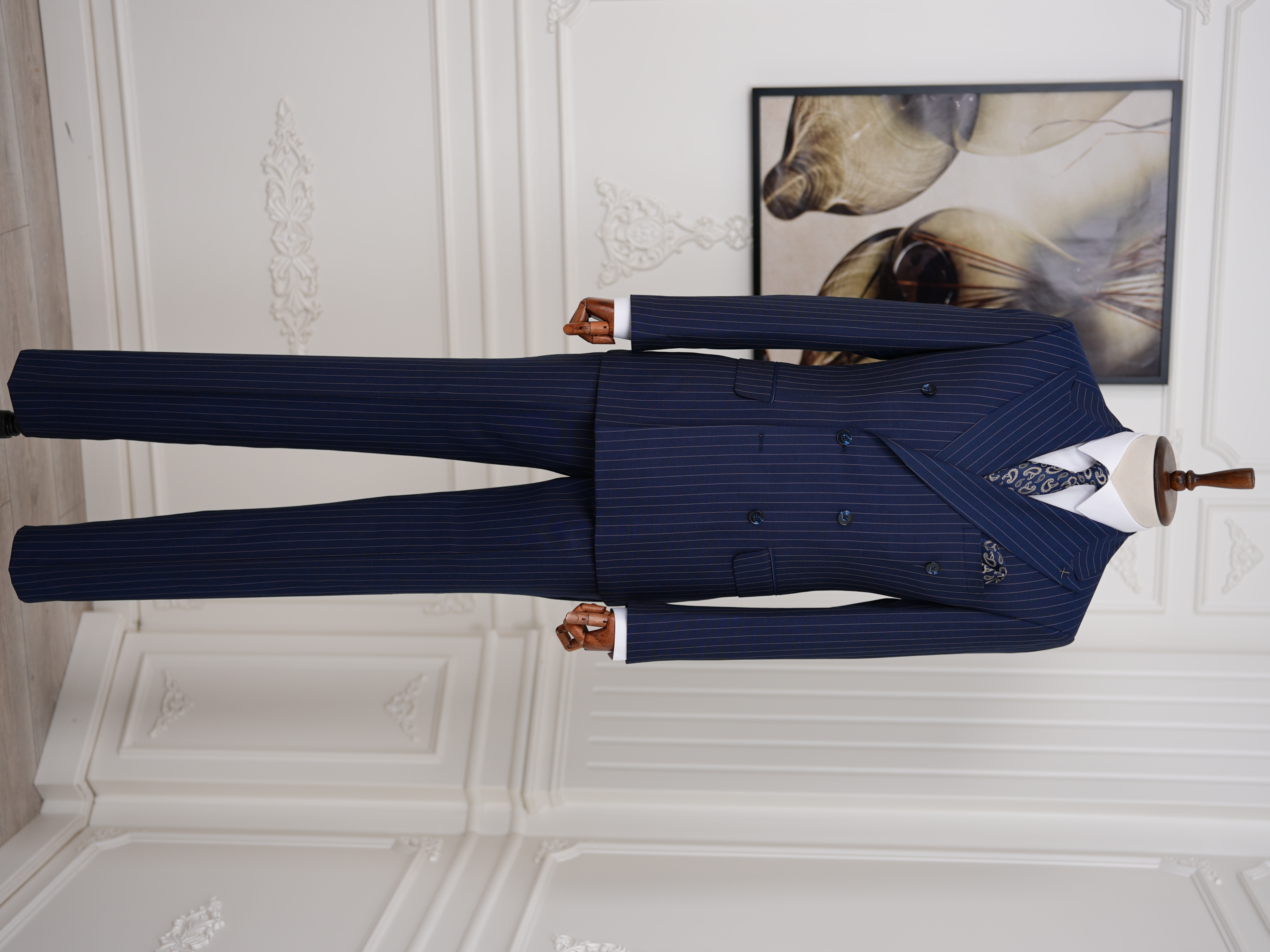 Premium Erkek Slim Fit İtalyan Stil Yarım Astarlı Çizgili Kruvaze Takım Elbise Ceket Pantolon - Saks Mavisi