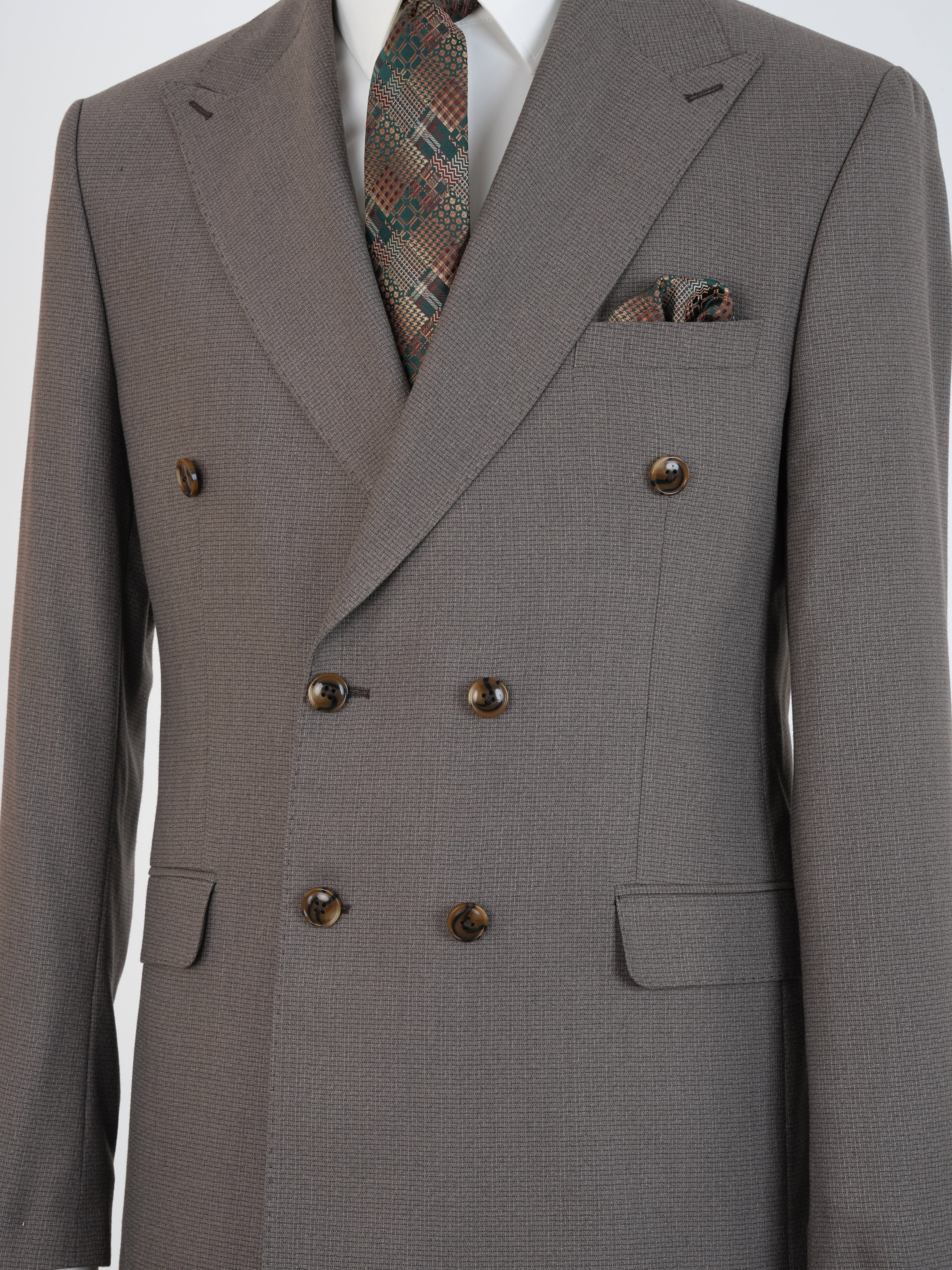 Premium Erkek Slim Fit İtalyan Stil Yarım Astarlı Kırcıllı Kruvaze Takım Elbise - Sütlü Kahve
