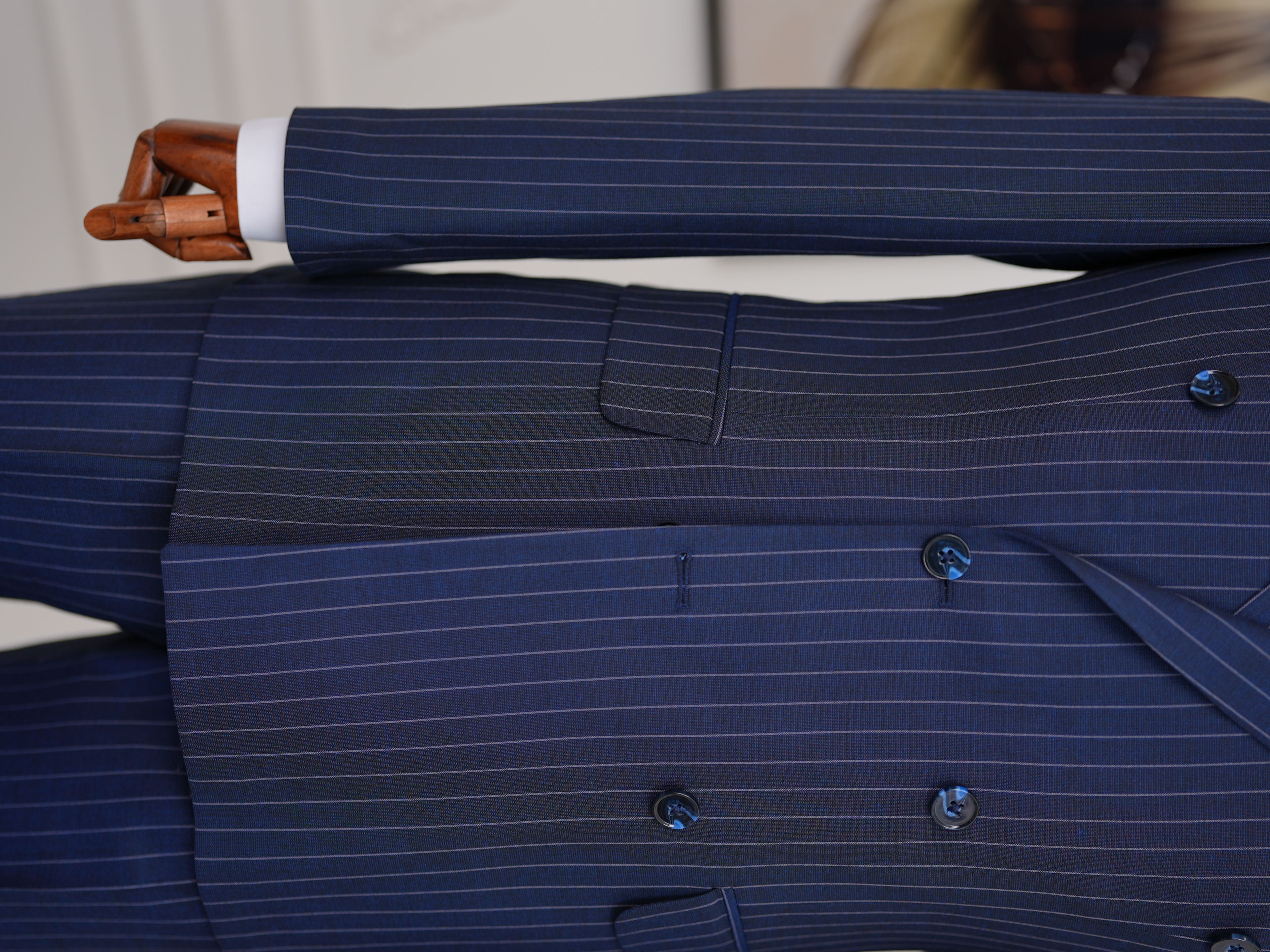 Premium Erkek Slim Fit İtalyan Stil Yarım Astarlı Çizgili Kruvaze Takım Elbise Ceket Pantolon - Saks Mavisi