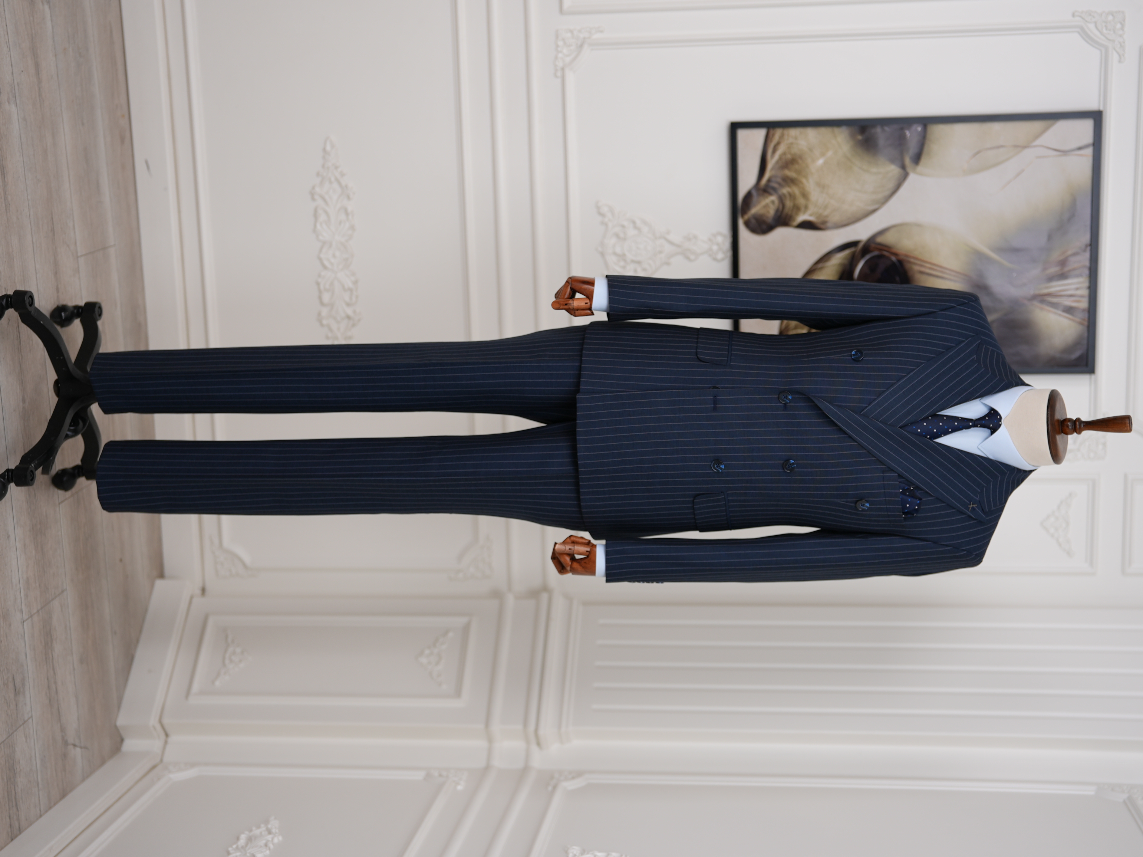 Premium Erkek Slim Fit İtalyan Stil Yarım Astarlı Çizgili Kruvaze Takım Elbise Ceket Pantolon - İndigo