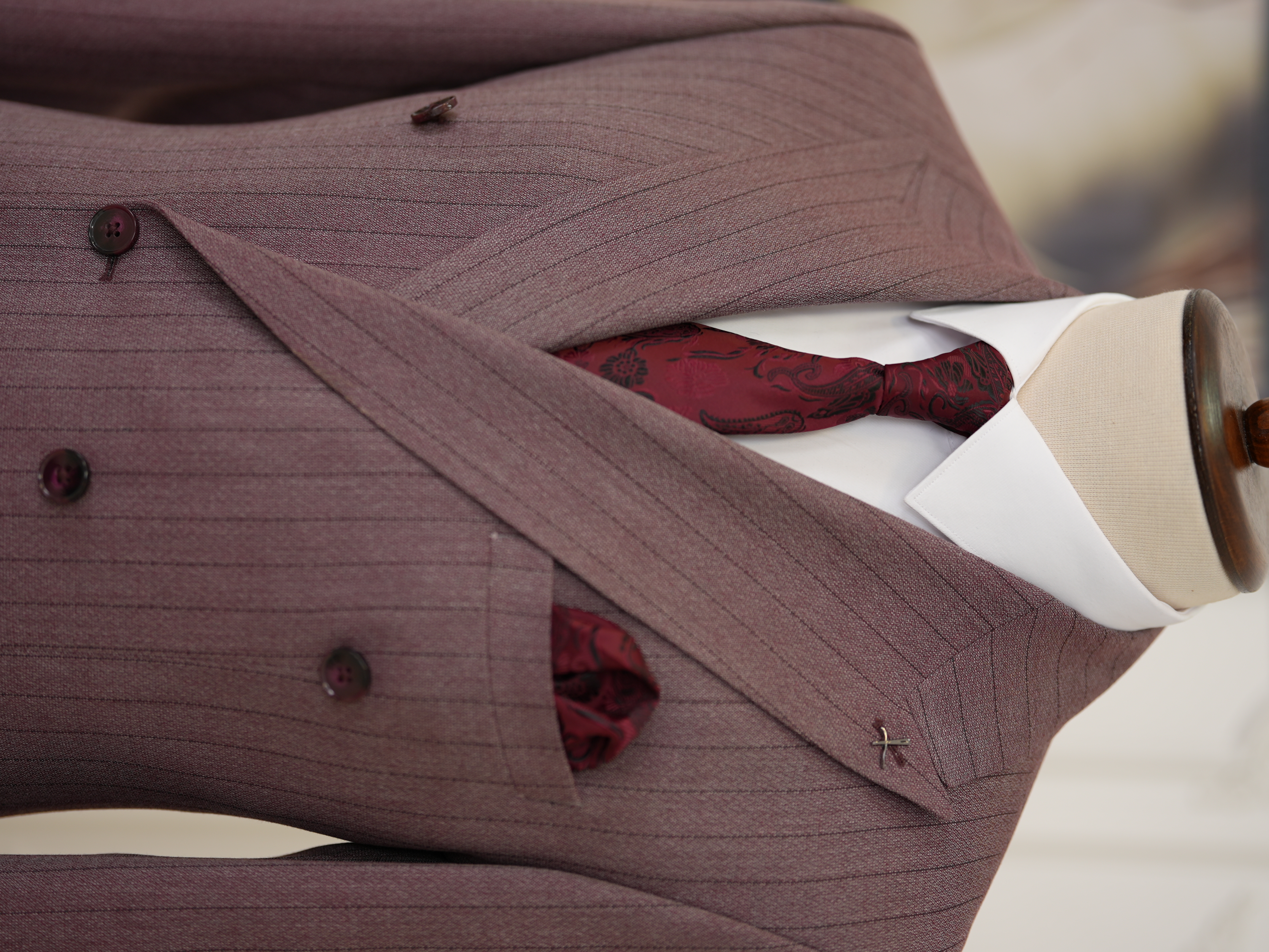 Premium Erkek Slim Fit İtalyan Stil Yarım Astarlı Çizgiliı Kruvaze Takım Elbise Ceket Pantolon - Mürdüm