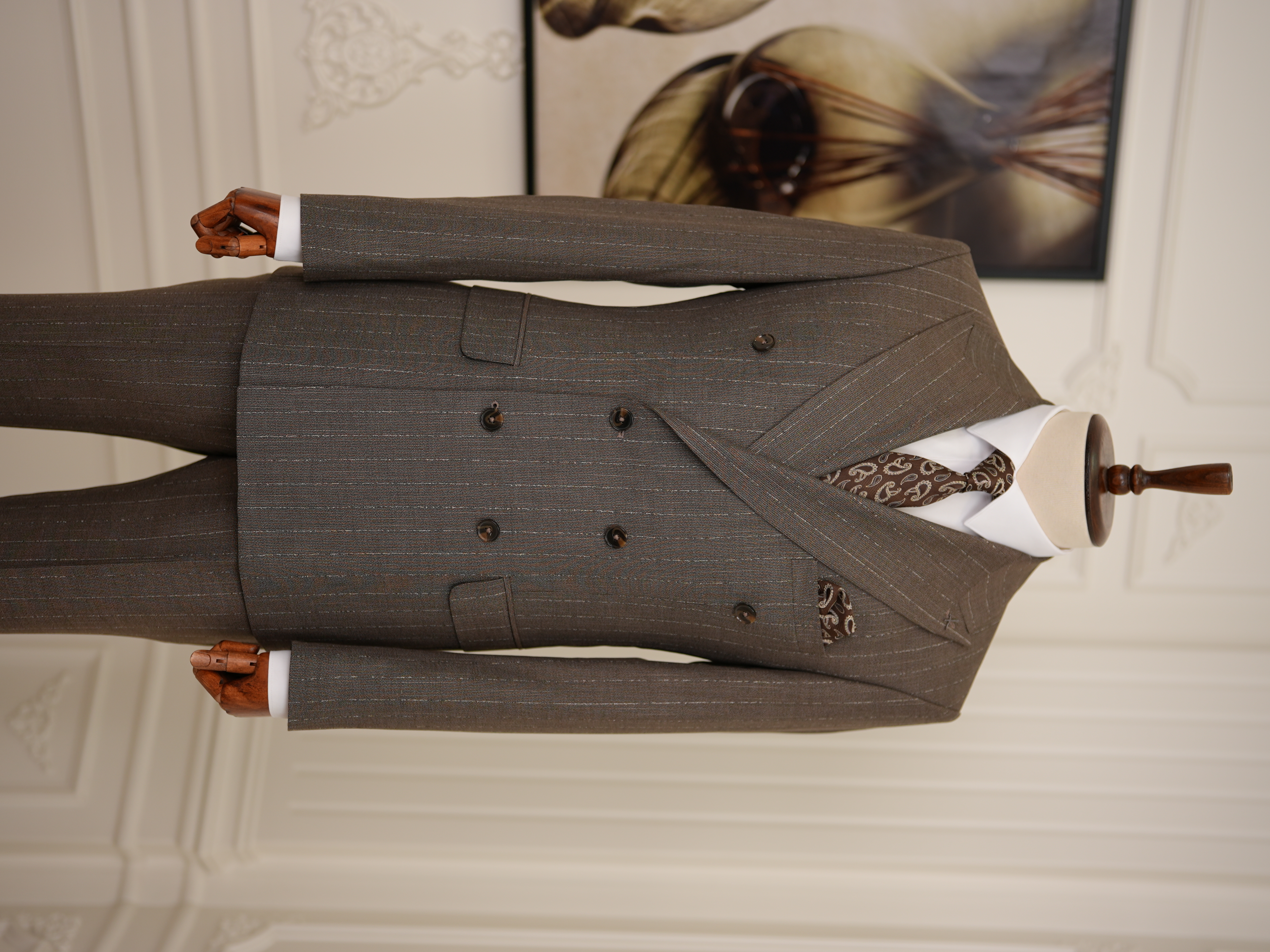 Premium Erkek Slim Fit İtalyan Stil Yarım Astarlı Çizgiliı Kruvaze Takım Elbise Ceket Pantolon - Sütlü Kahve