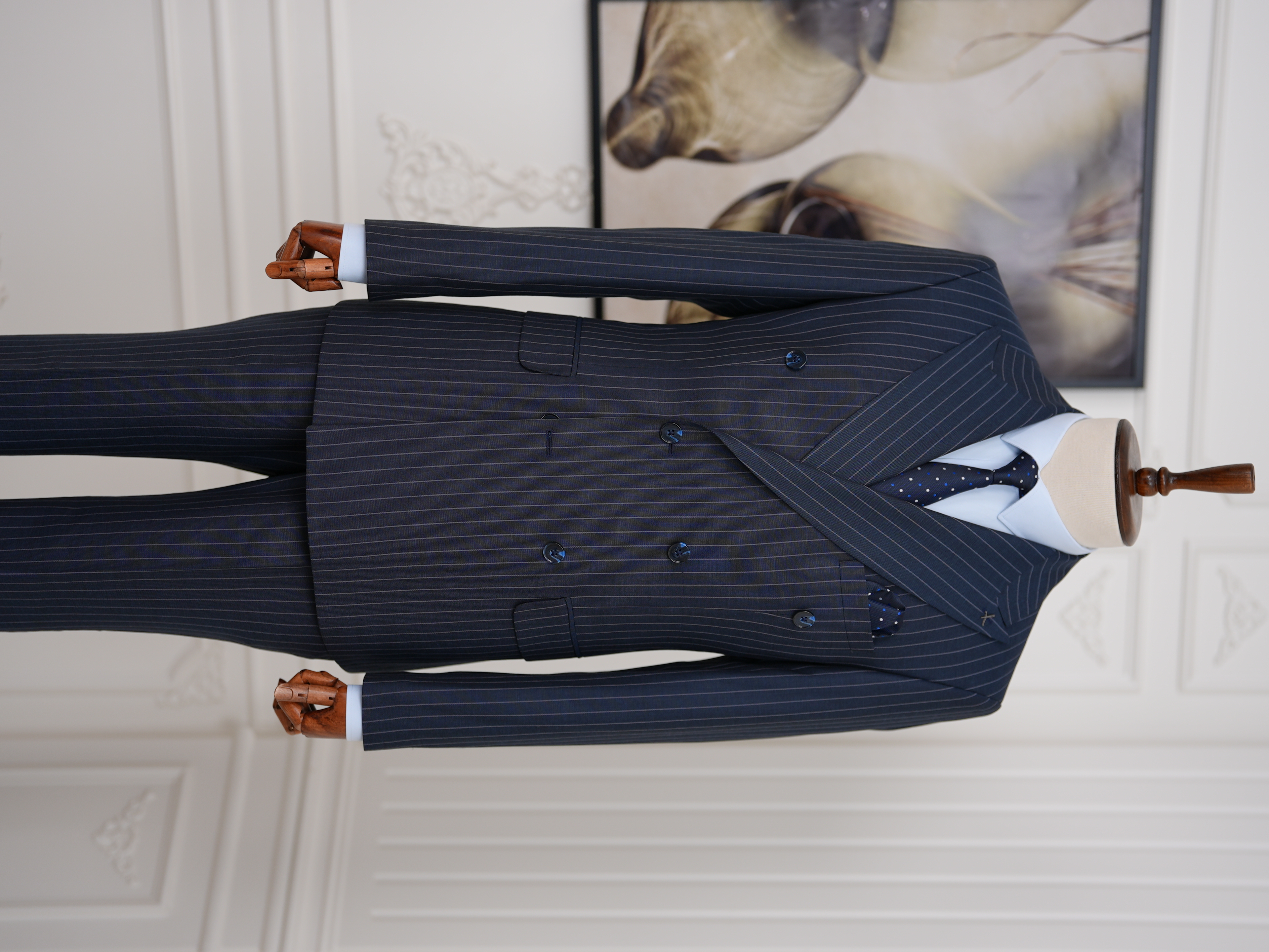 Premium Erkek Slim Fit İtalyan Stil Yarım Astarlı Çizgili Kruvaze Takım Elbise Ceket Pantolon - İndigo