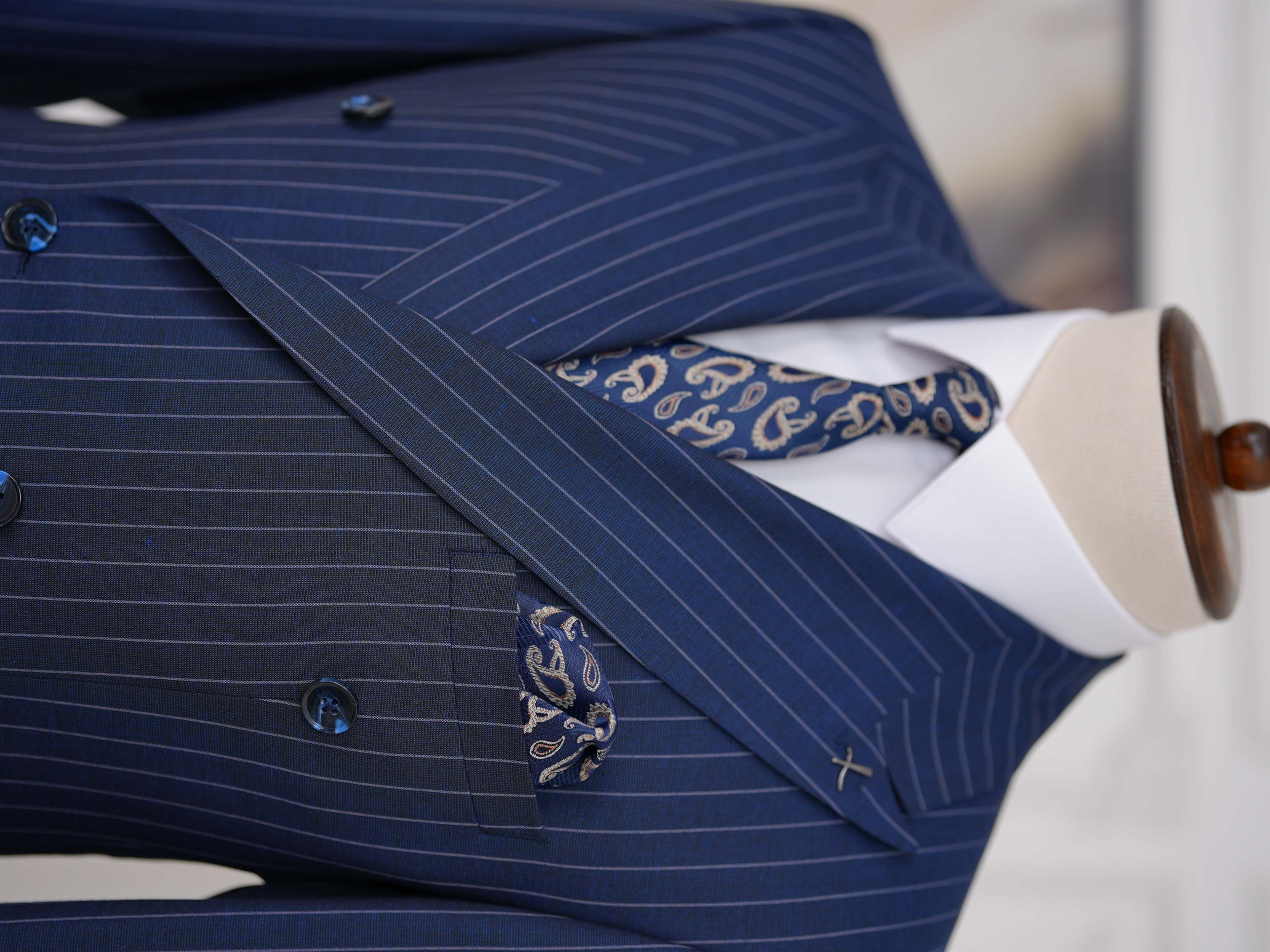 Premium Erkek Slim Fit İtalyan Stil Yarım Astarlı Çizgili Kruvaze Takım Elbise Ceket Pantolon - Saks Mavisi